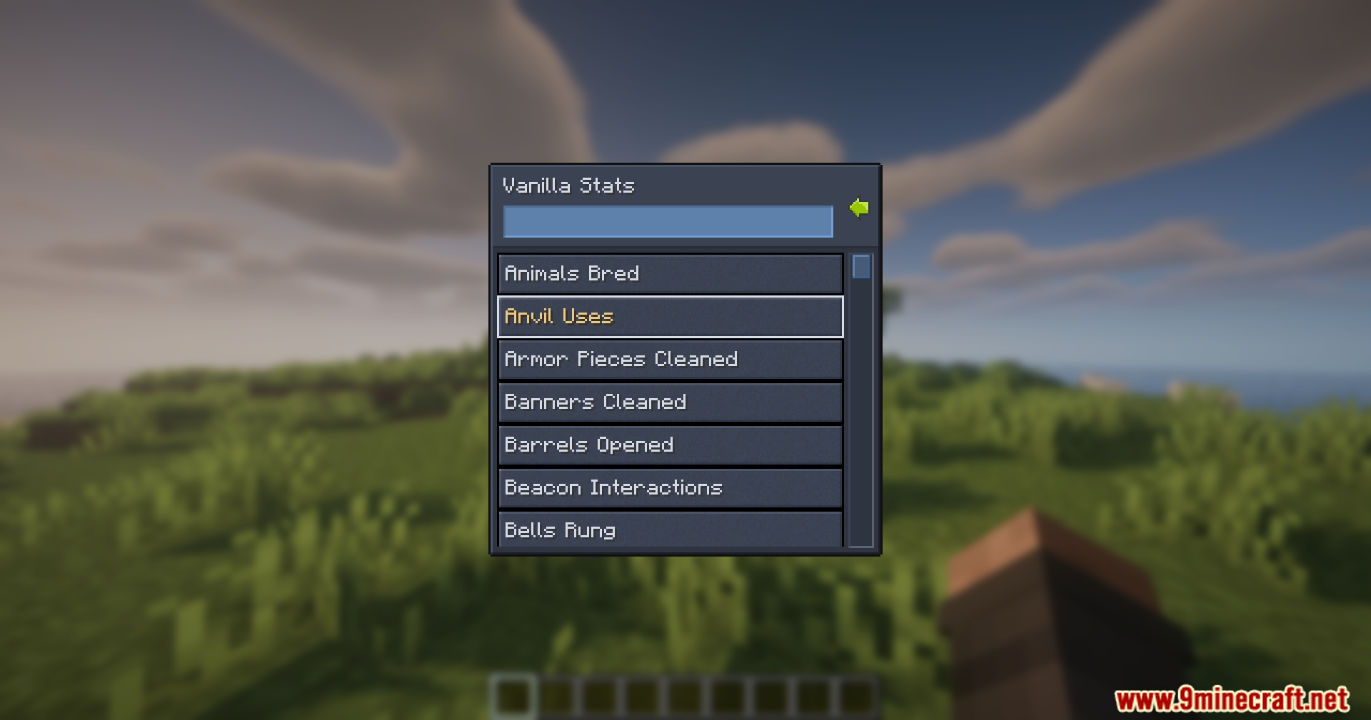 Menu listing various vanilla Minecraft statistics for tracking player activities and server progress