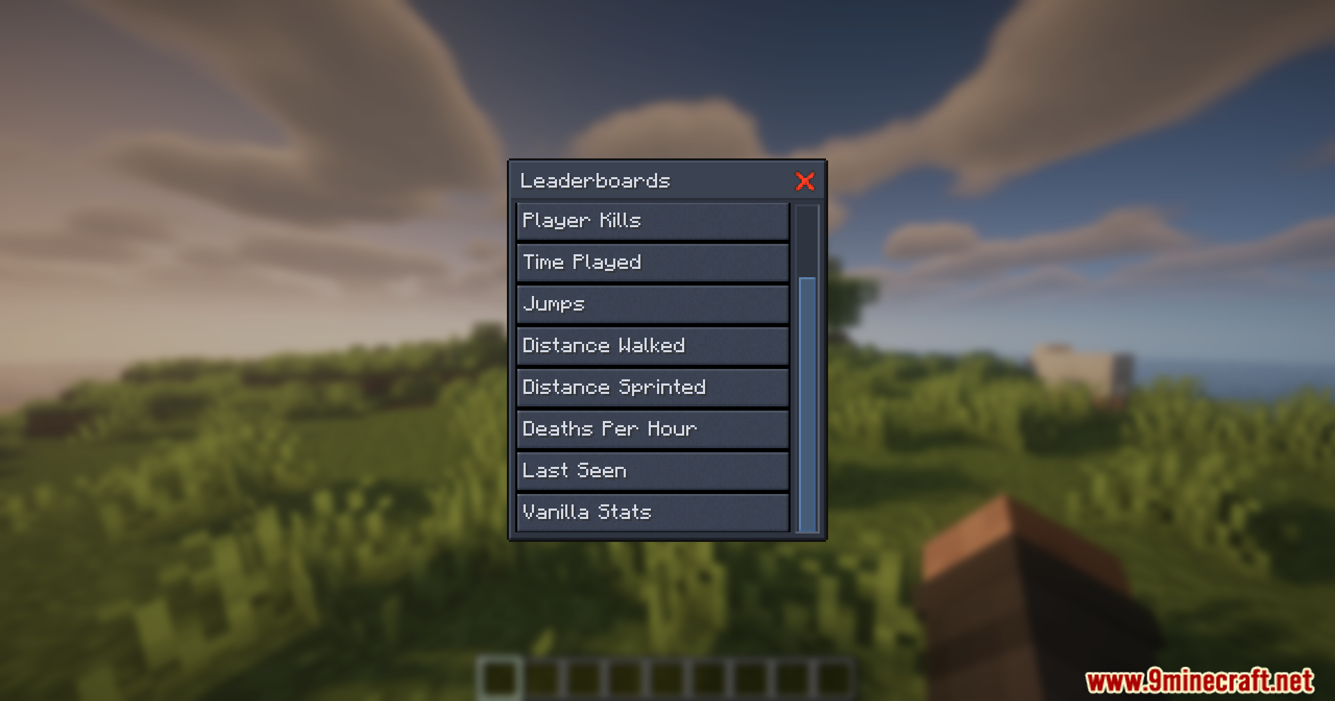 The Leader Boards Mod menu displays various player statistics in a Minecraft world