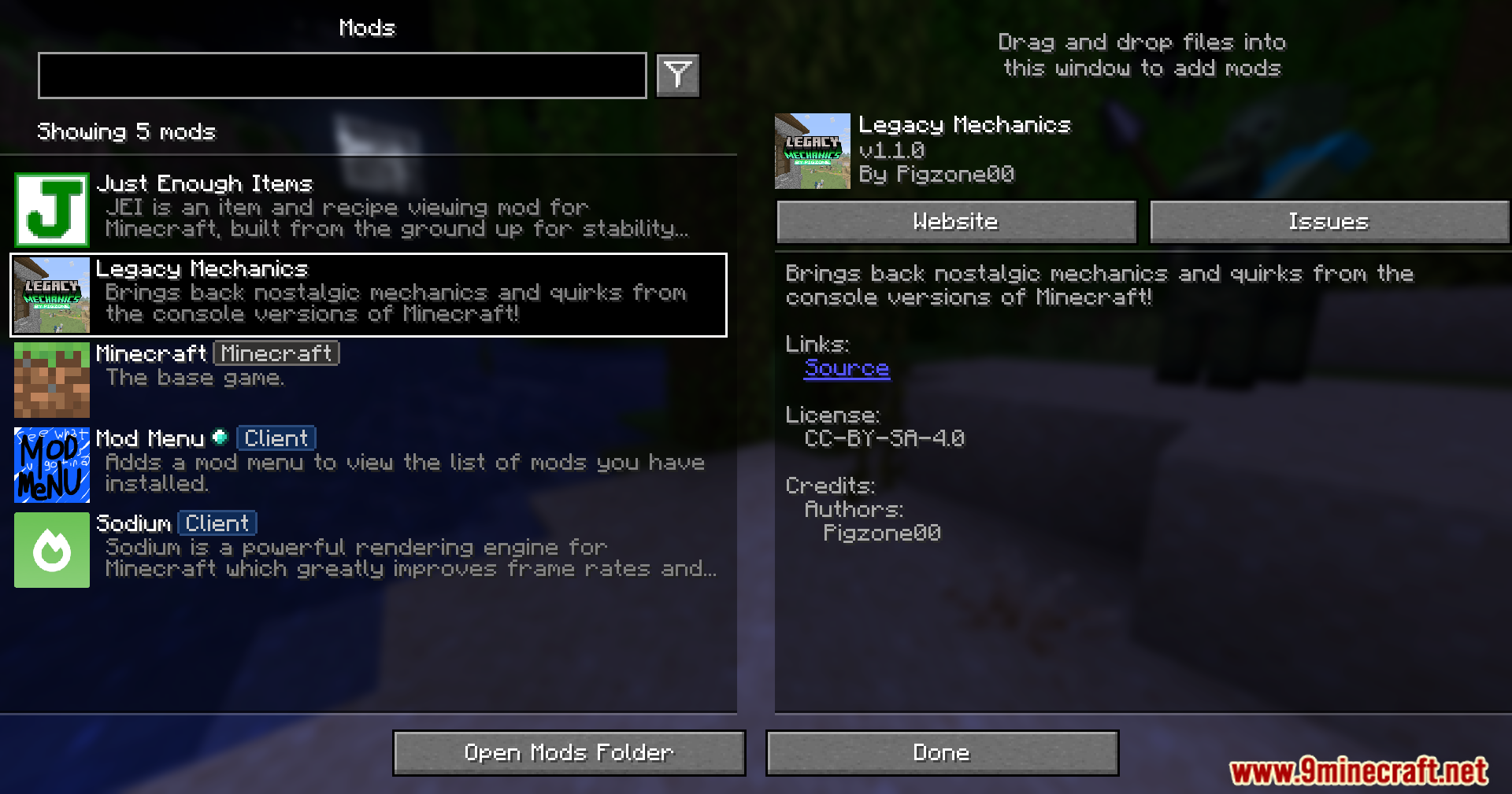 Minecraft mod menu interface displaying the Legacy Mechanics mod details