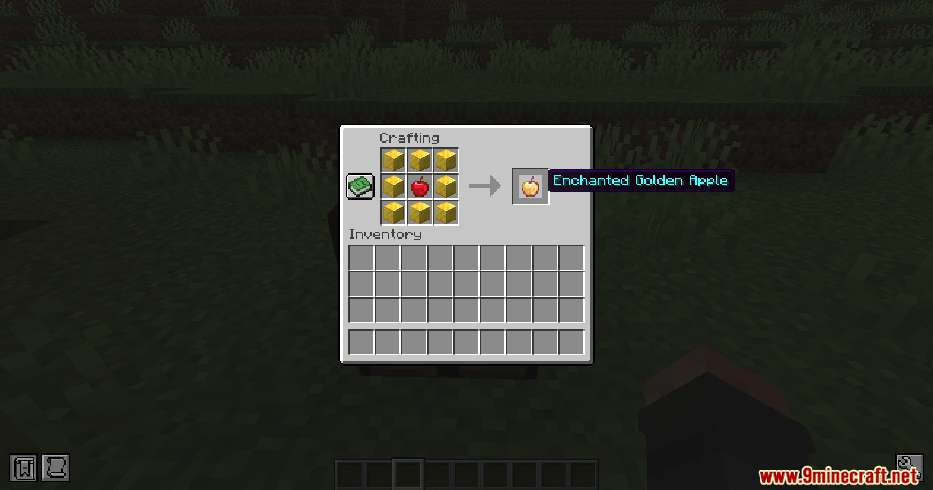 Crafting recipe for an enchanted golden apple using gold blocks and an apple