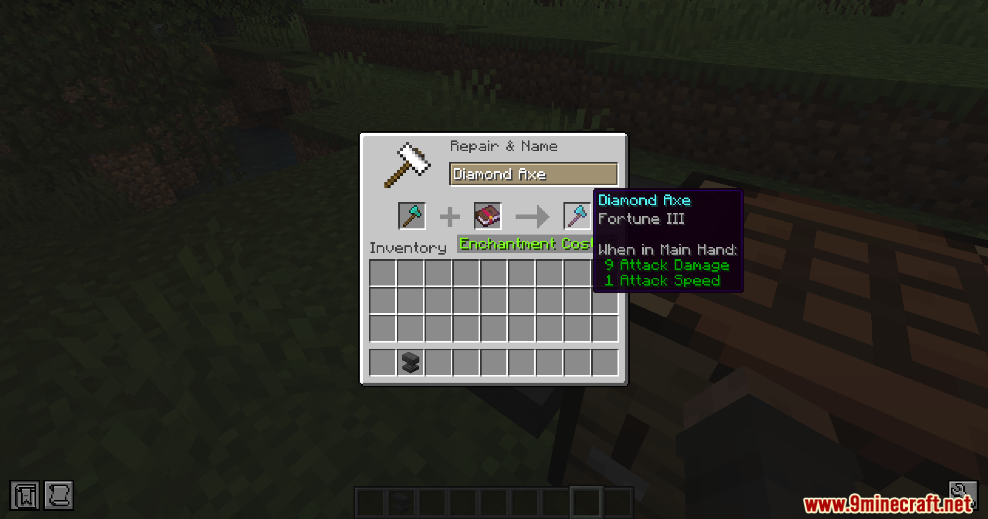 A player using an anvil to enchant a diamond axe with Fortune III