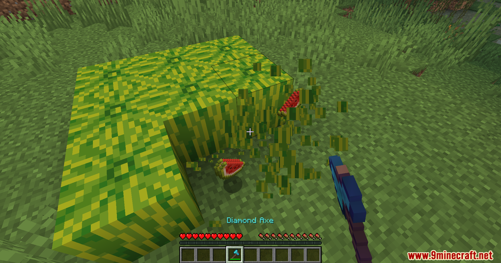 A player breaks a melon block with an enchanted diamond axe in Minecraft