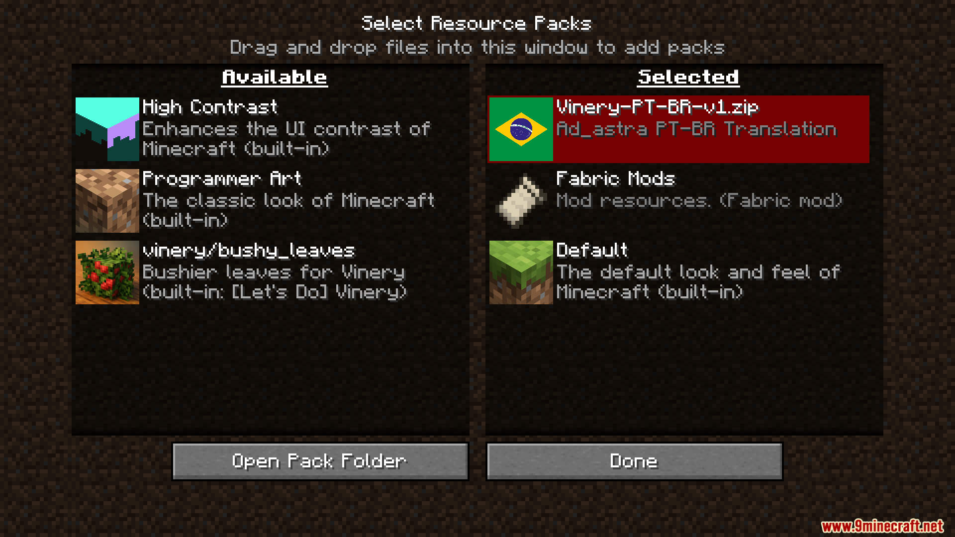 Lets Do Vinery PT BR Translation Resource Pack Screenshot 1 Resource pack selection screen showing the Vinery Brazilian Portuguese translation pack