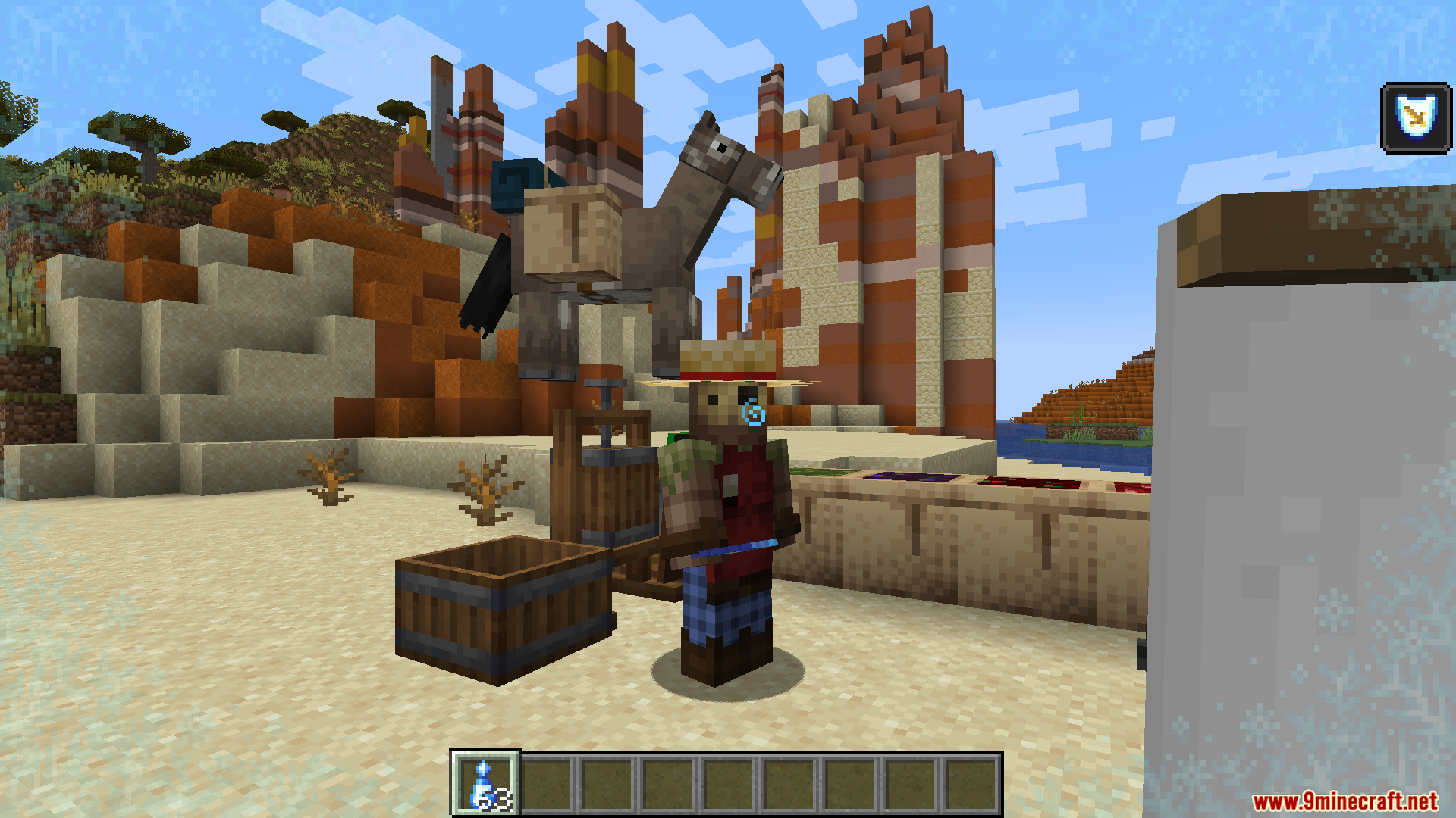 Lets Do Vinery PT BR Translation Resource Pack Screenshot 10 A player character standing next to a donkey and various winemaking blocks