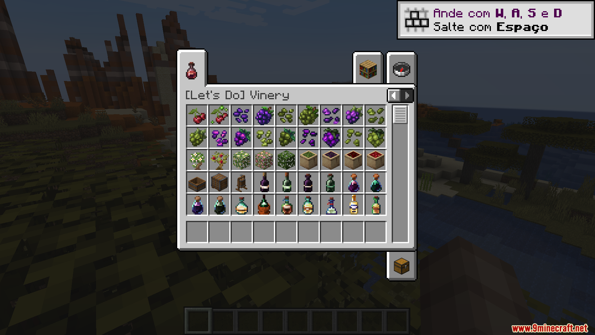 Lets Do Vinery PT BR Translation Resource Pack Screenshot 2 Creative inventory tab displaying various grapes and wine bottles from the mod