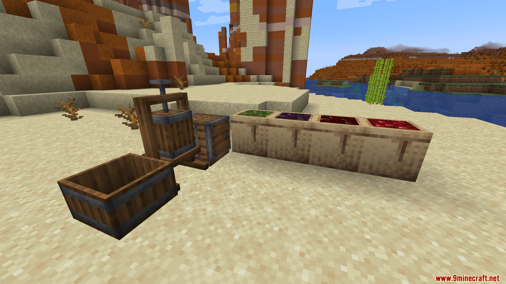 Lets Do Vinery PT BR Translation Resource Pack Screenshot 4 Winemaking equipment including a press and barrels from the Vinery mod