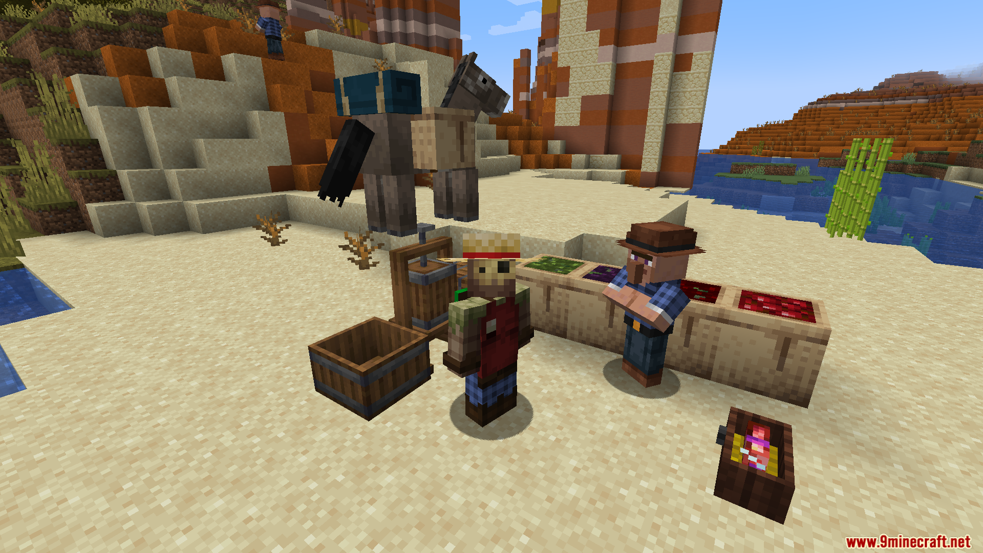 Lets Do Vinery PT BR Translation Resource Pack Screenshot 9 A player and a villager standing near winemaking equipment in a mesa biome