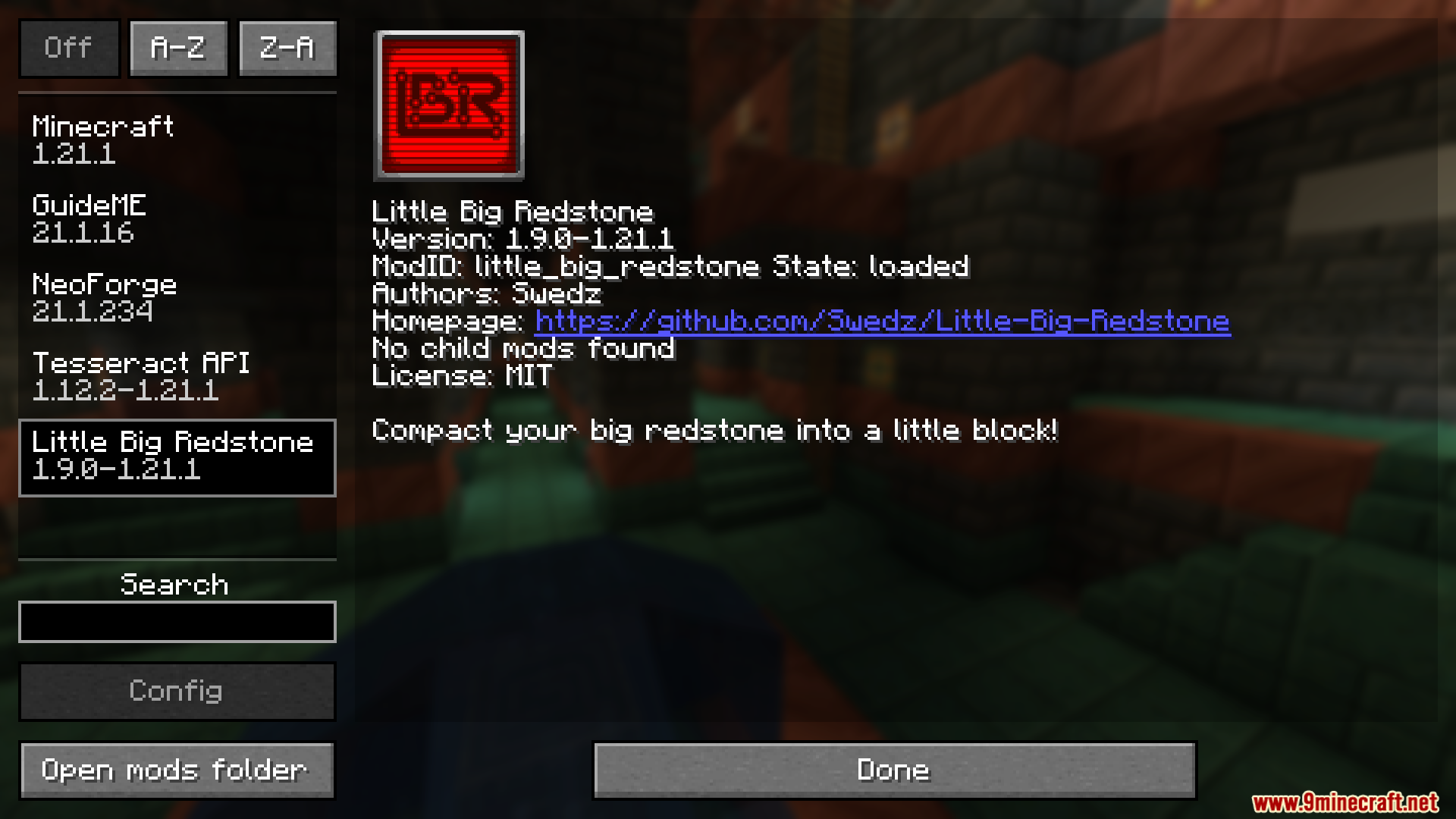 Little Big Redstone Mod Screenshot 1 The Minecraft mod menu displays information about the Little Big Redstone mod