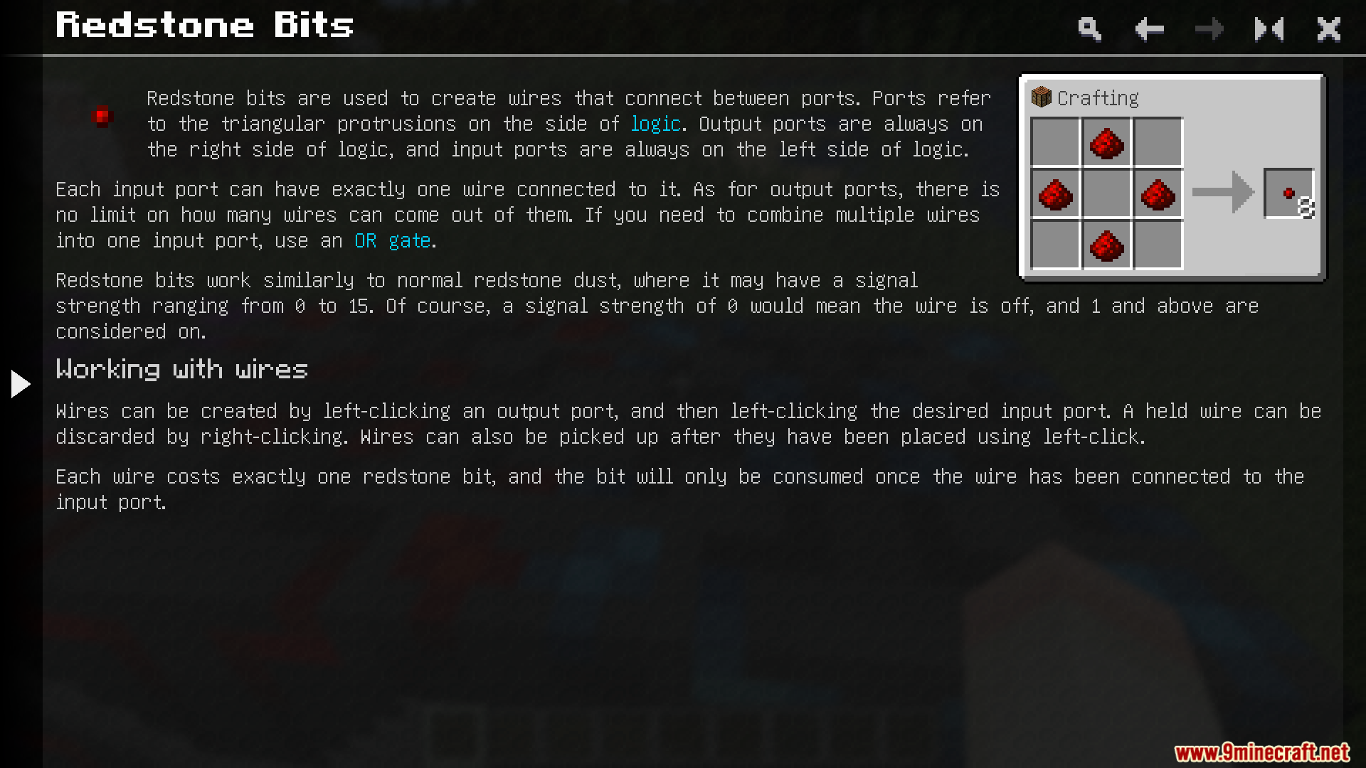 Little Big Redstone Mod Screenshot 13 Manual page showing the crafting recipe and instructions for using redstone bits