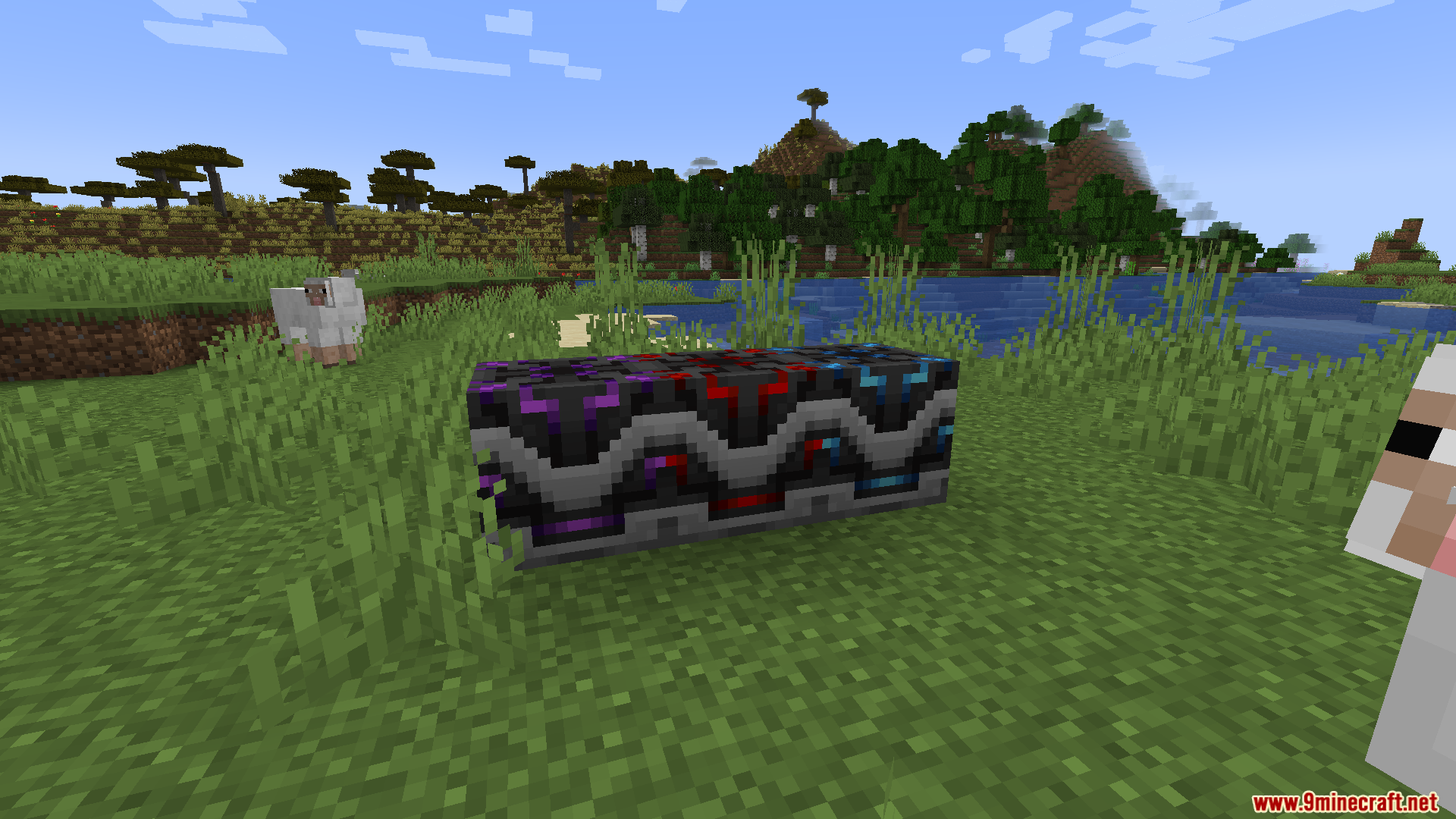 Little Big Redstone Mod Screenshot 15 Three microchip blocks with glowing redstone patterns placed in a grassy field
