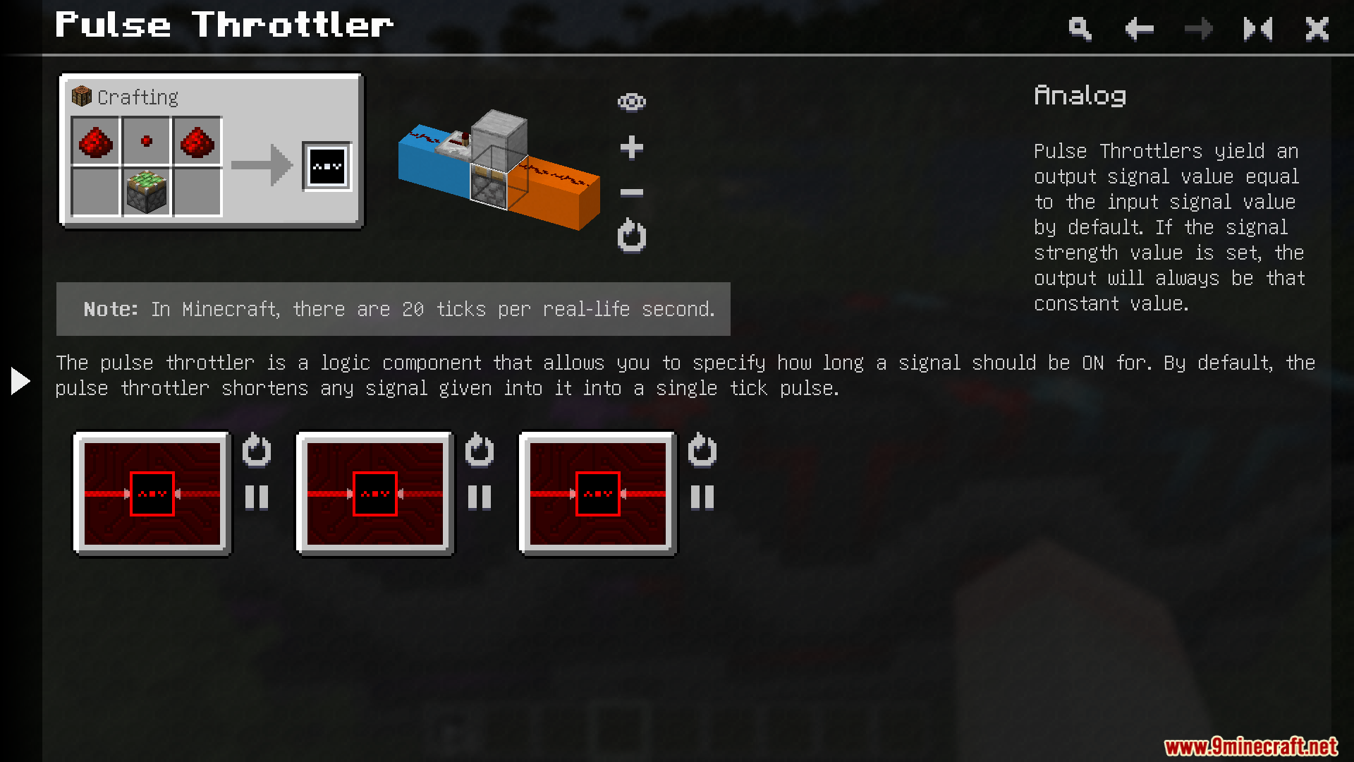 Little Big Redstone Mod Screenshot 4 UI display showing the crafting recipe and mechanics of a Pulse Throttler