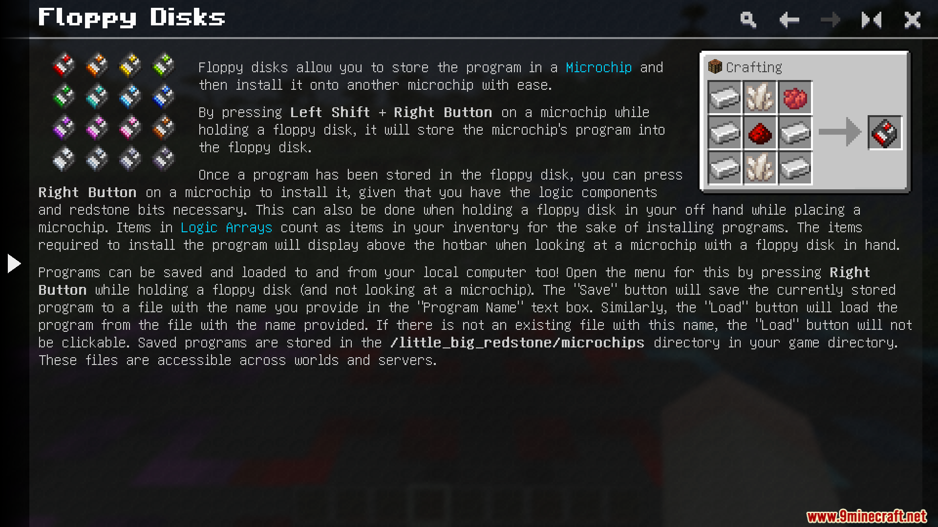 Little Big Redstone Mod Screenshot 8 Guide menu showing the crafting recipe for a Little Big Redstone floppy disk