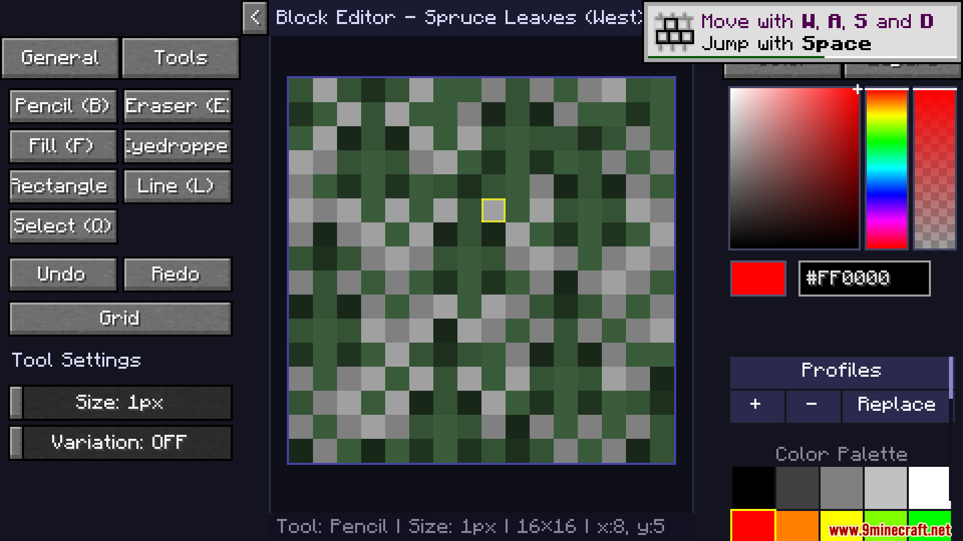The Live Texture Editor menu displaying a pixel grid for spruce leaves
