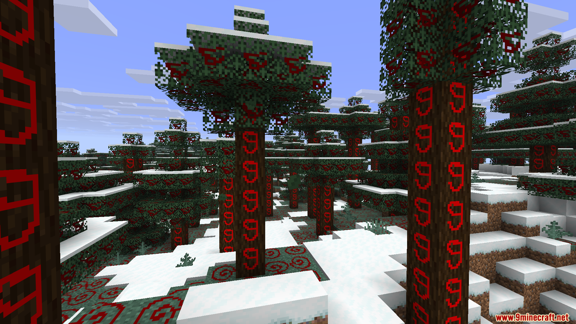 Live Texture Editor Mod allows painting red patterns on trees in the snow