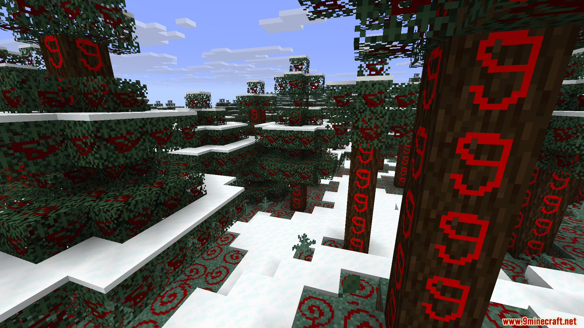 Close up of red symbols painted on spruce logs in a snowy biome