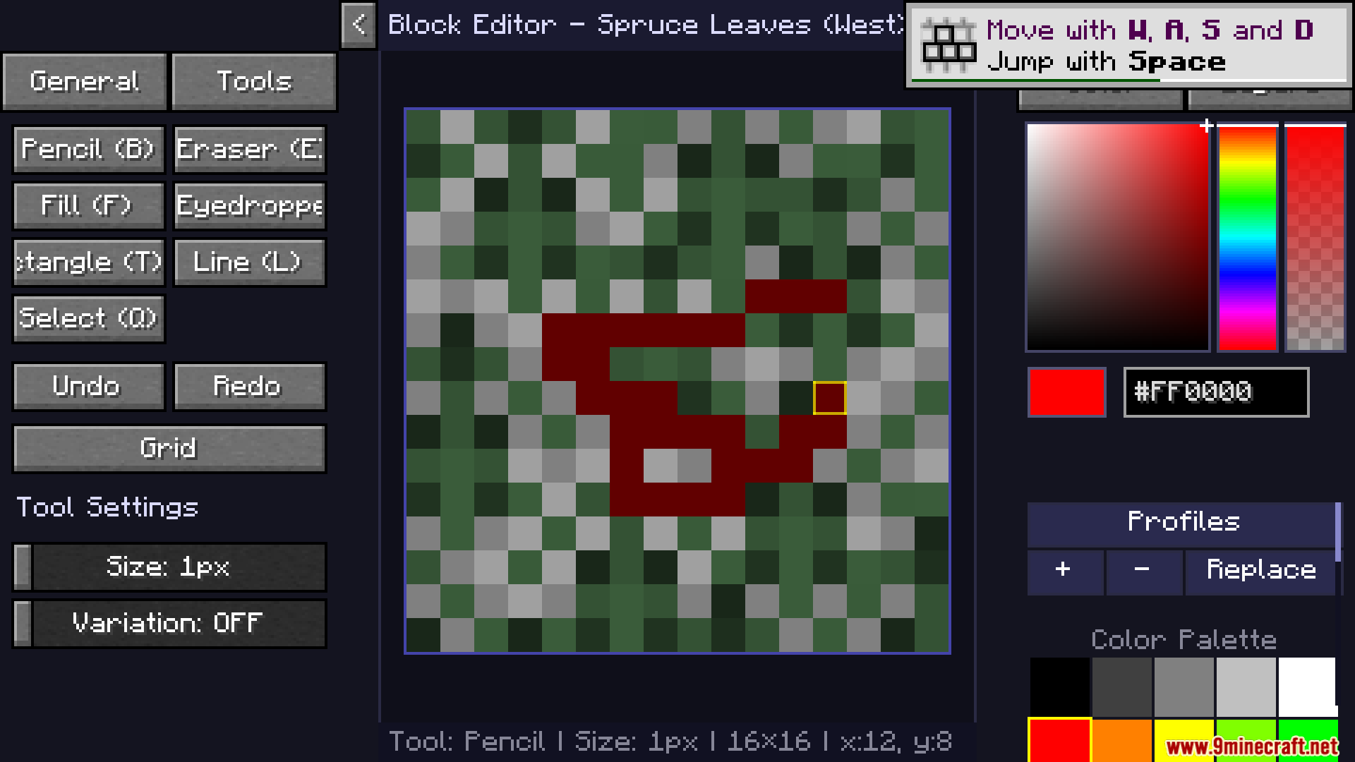 A player paints red pixels onto the spruce leaves texture in game