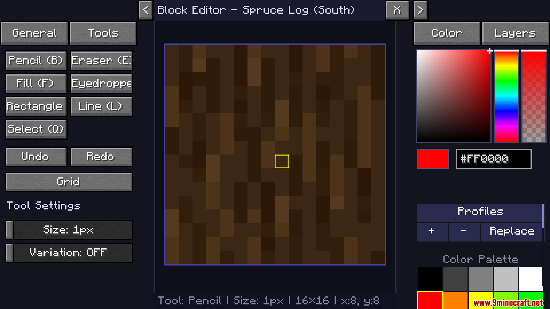A block editor interface used to customize the texture of a spruce log
