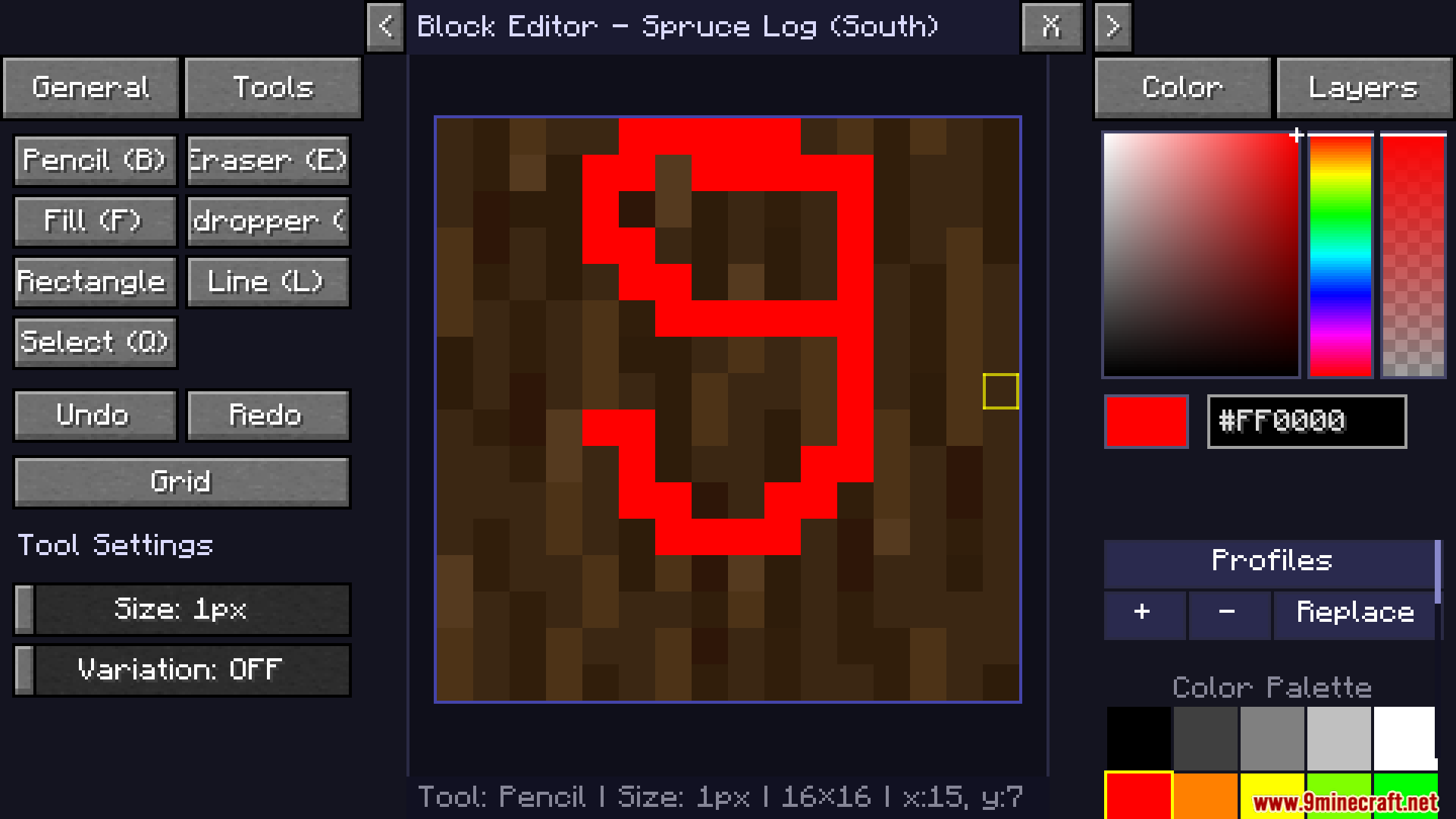 Drawing a red number nine on the spruce log texture in the editor