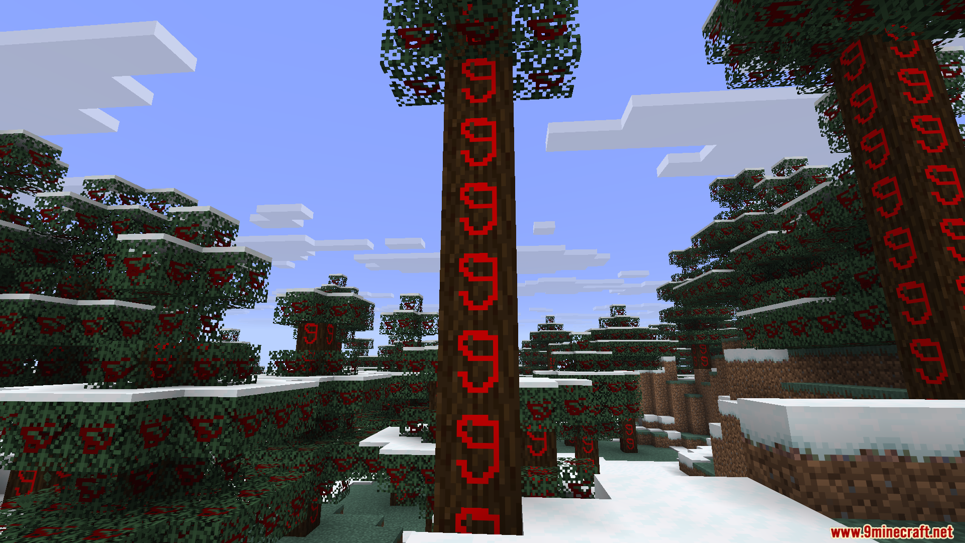 Minecraft trees and leaves displaying custom red spiral patterns in a snowy forest