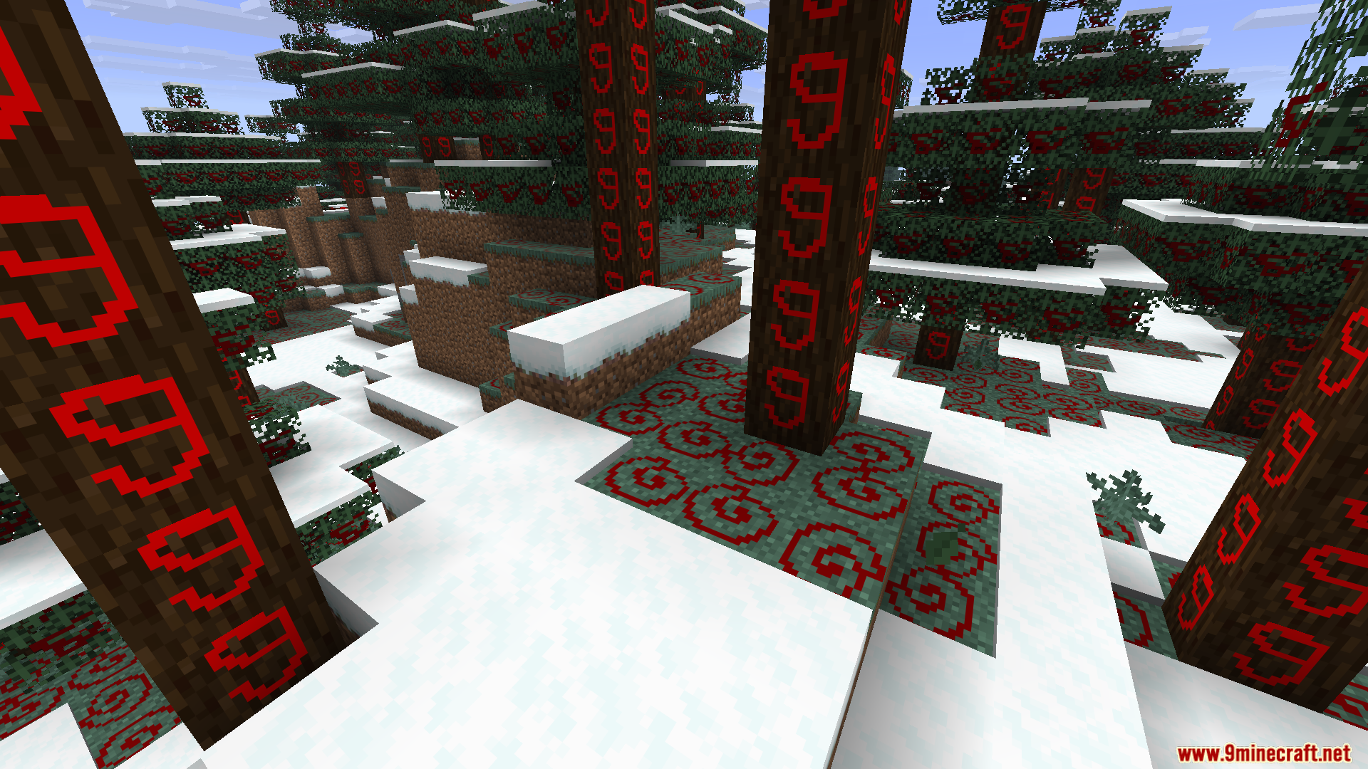 Red symbols painted on spruce trees and ground blocks in snowy biome