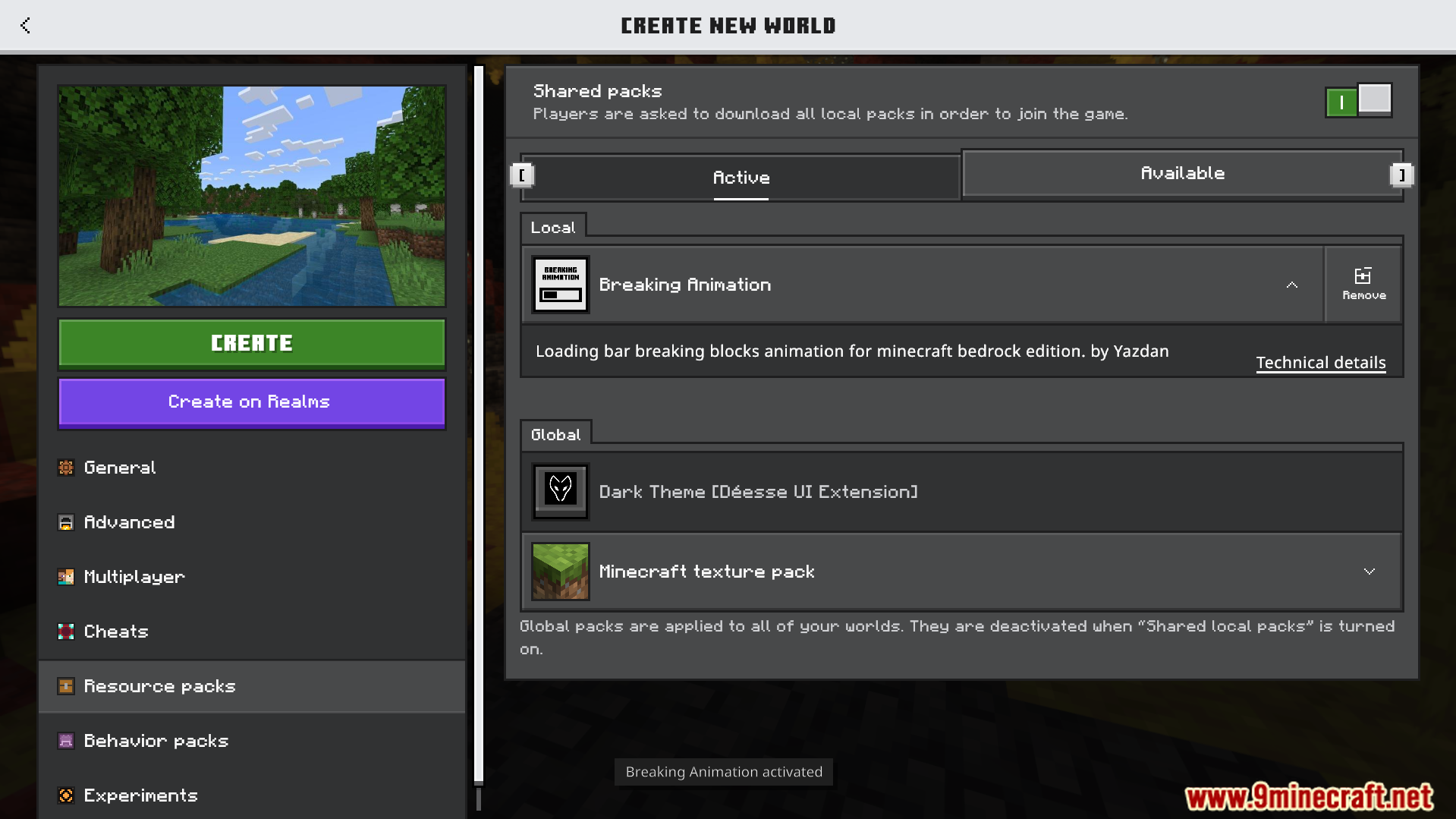 Minecraft world creation screen with the Breaking Animation resource pack active in settings