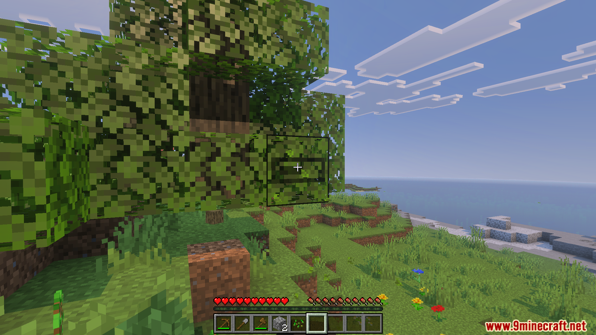 The texture pack shows a clear visual progress bar outline on leaf blocks