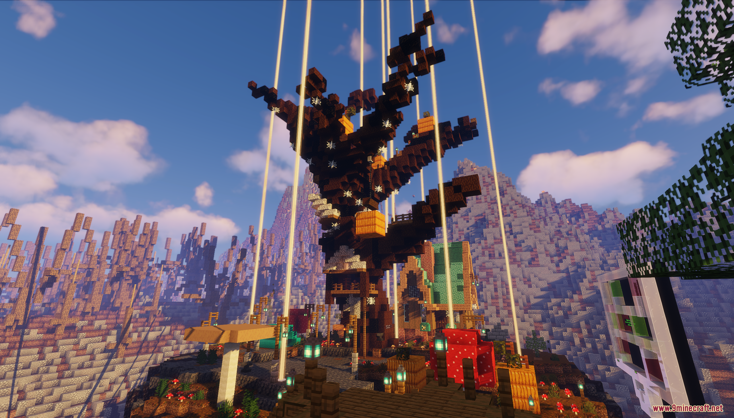 A massive dark tree structure surrounded by vertical beams of golden light