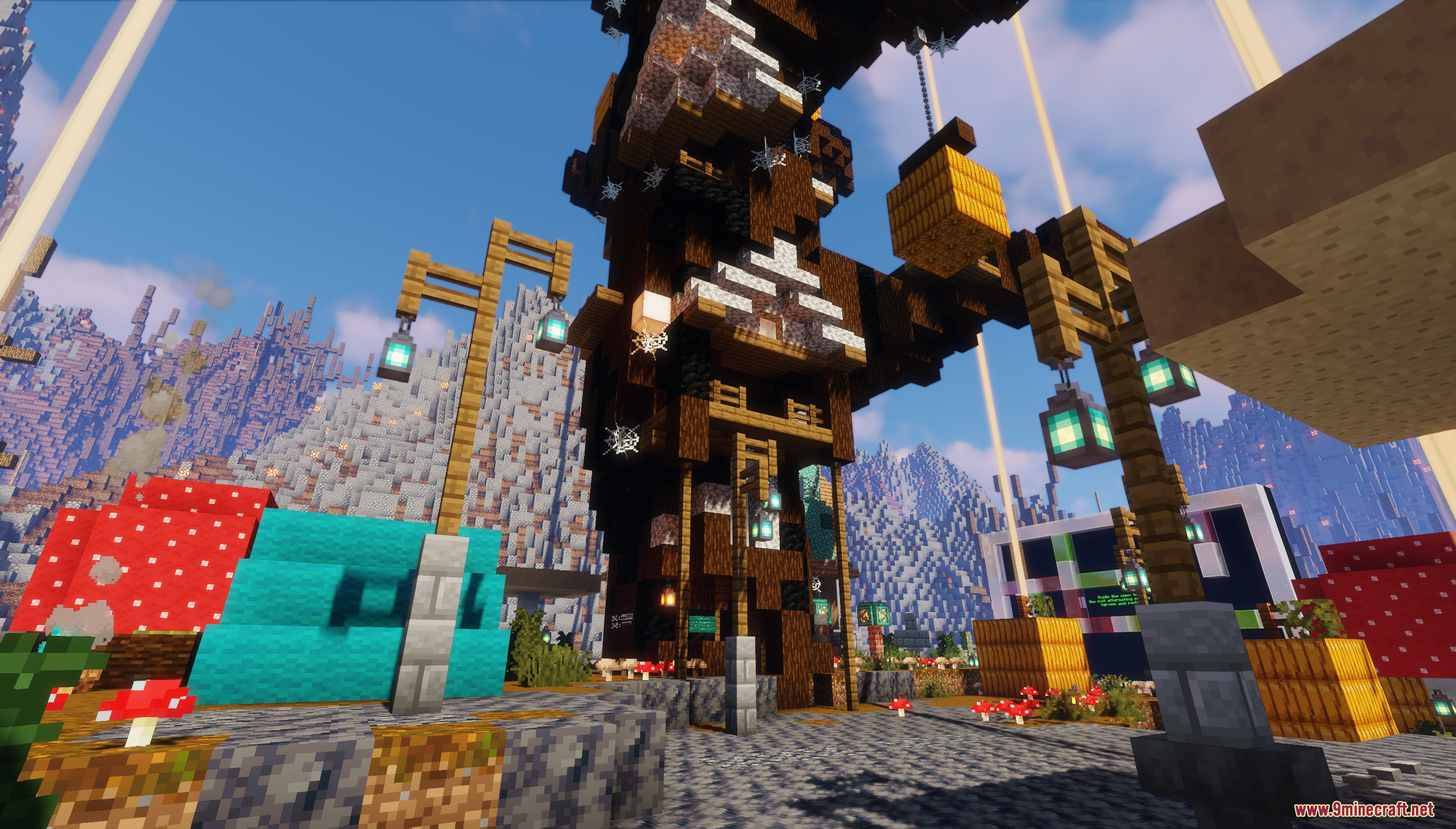 Tall wooden tower with lanterns and beehives in a custom Minecraft world