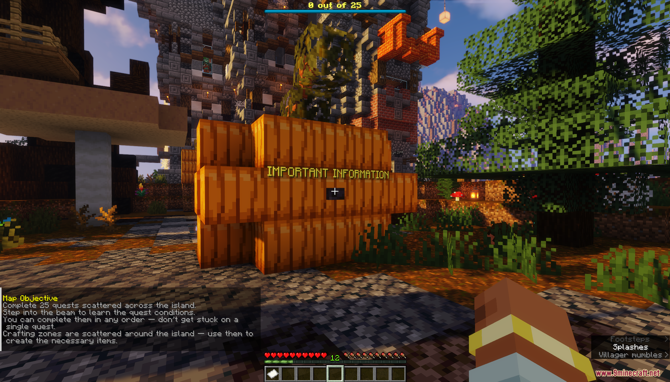 Player standing before a wooden structure with floating text and map objective details