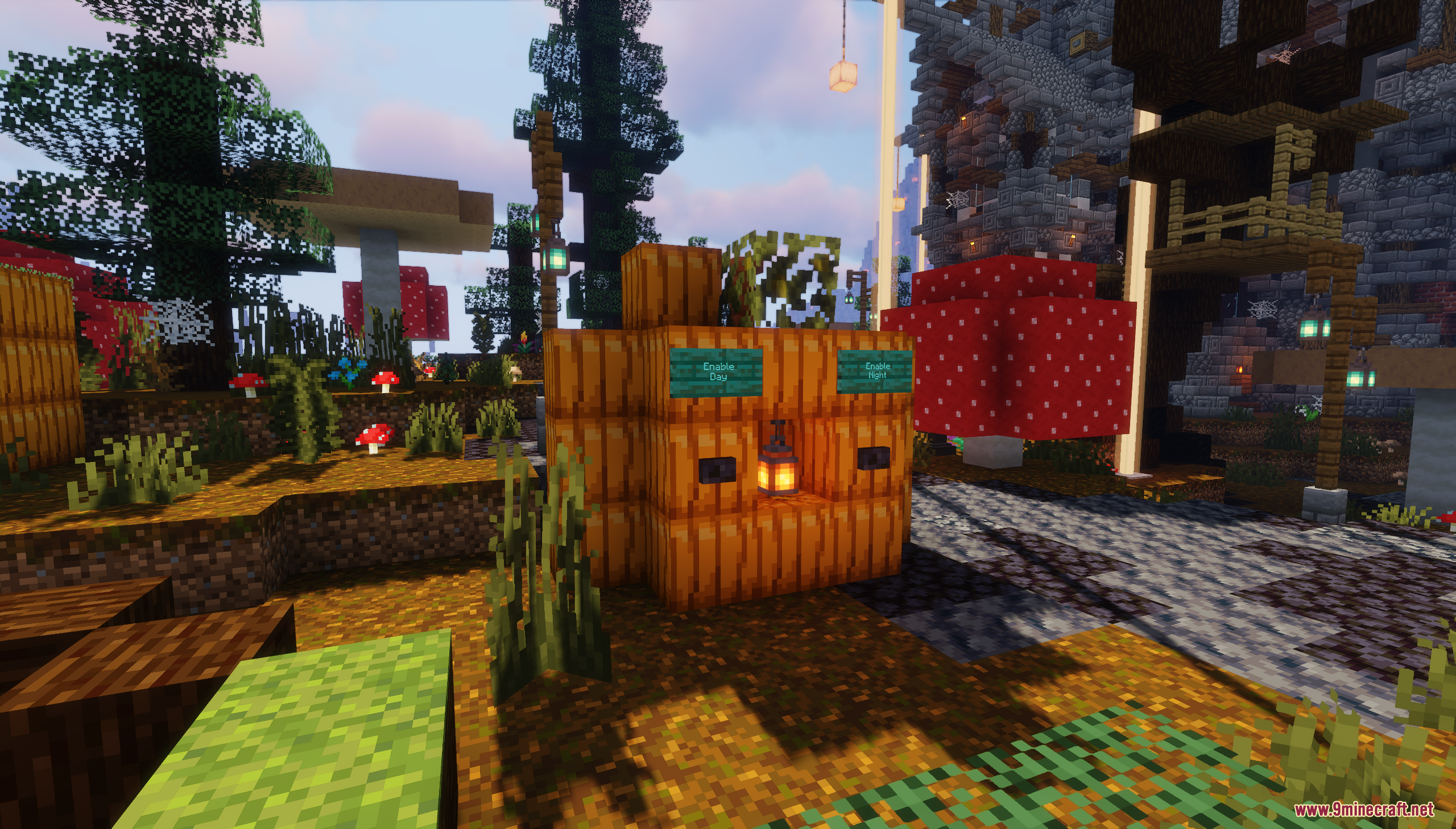 A pumpkin block structure with buttons and signs for day and night