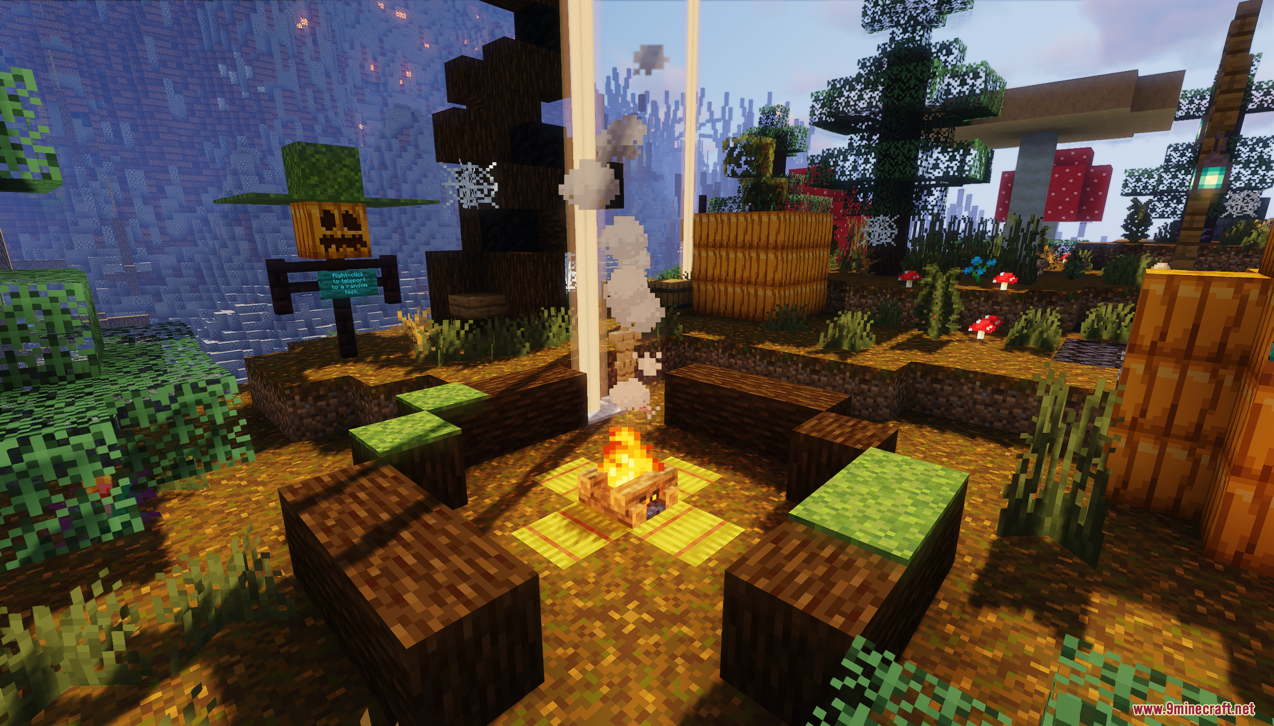 A cozy campfire area with log benches and a pumpkin headed scarecrow