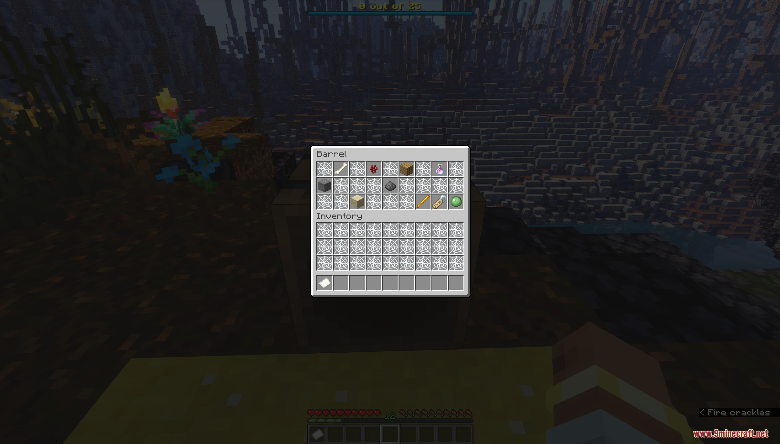 A barrel inventory screen showing items like a name tag and slimeball