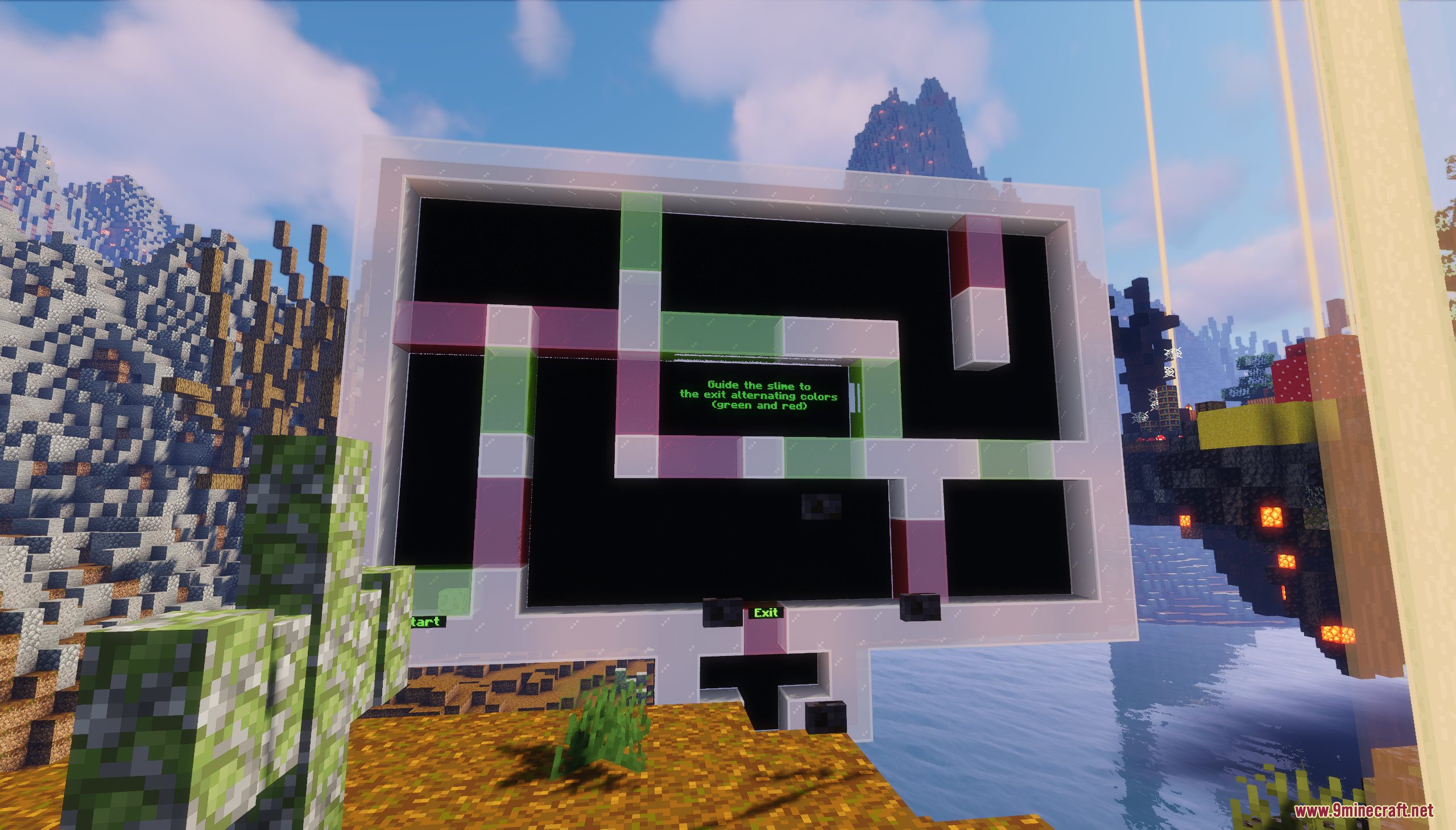 A Minecraft puzzle screen showing a maze with alternating green and red paths