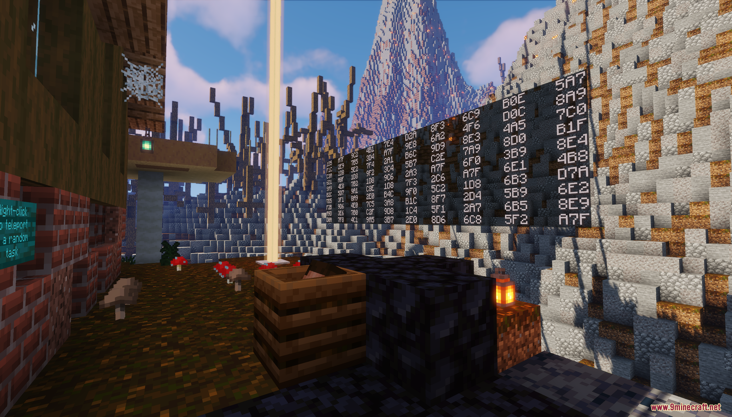 A large wall covered in three character codes for a Minecraft logic puzzle