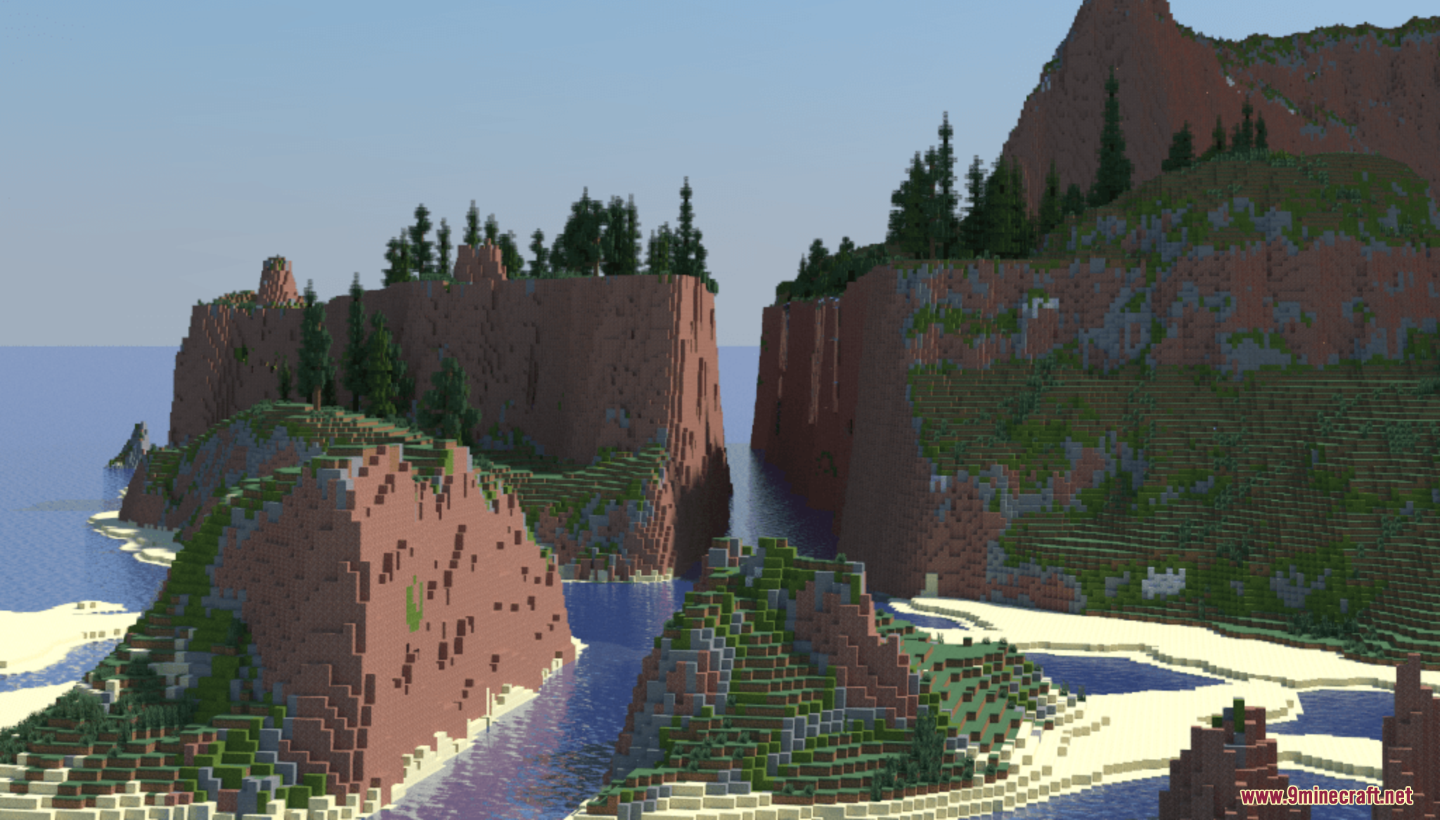 Los Penascos Archipelago Map Screenshot 1 Massive red stone cliffs and sandy beaches surrounding a narrow blue waterway