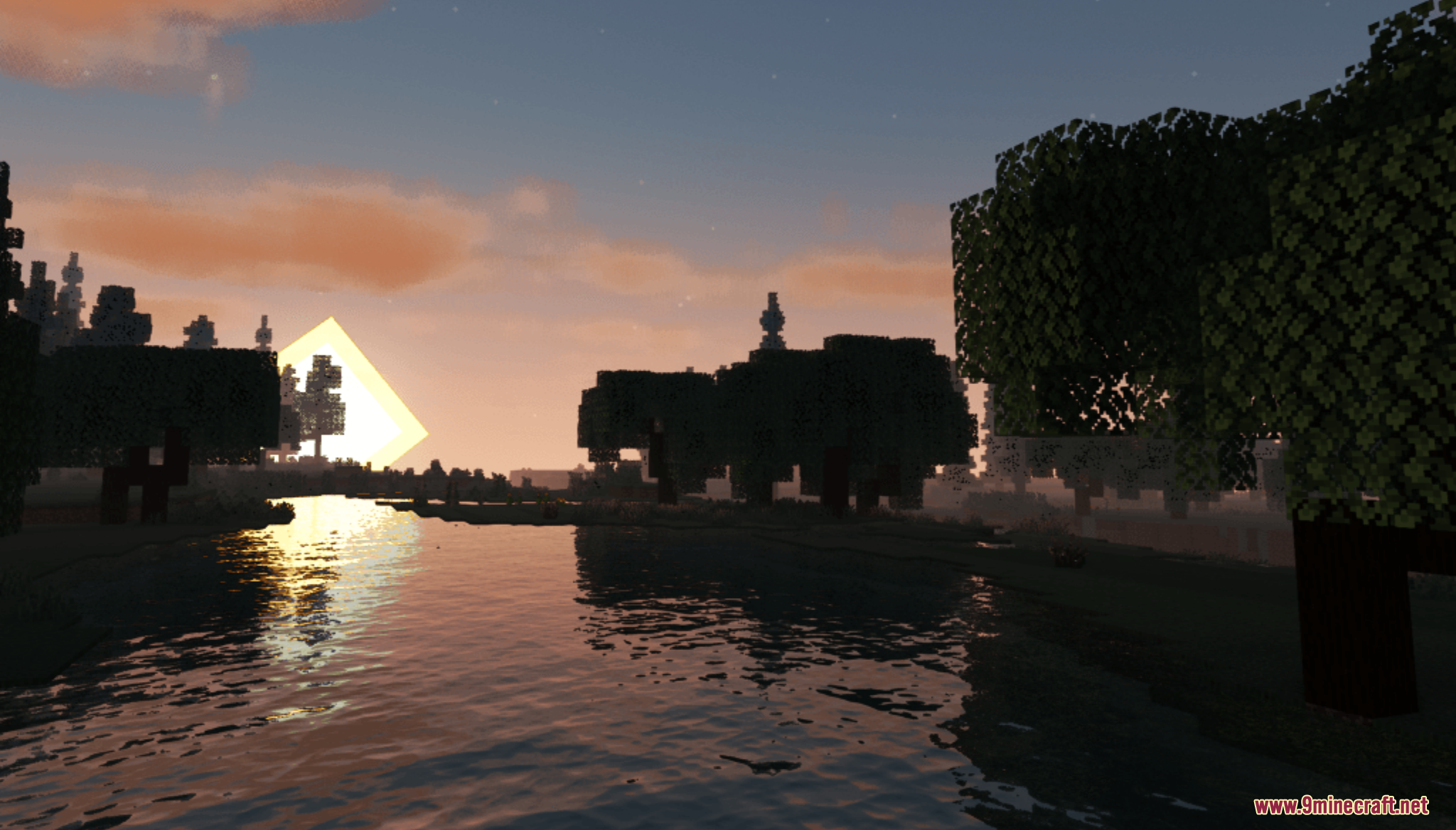 Los Penascos Archipelago Map Screenshot 7 Sunset reflects on water surrounded by blocky trees in a forest