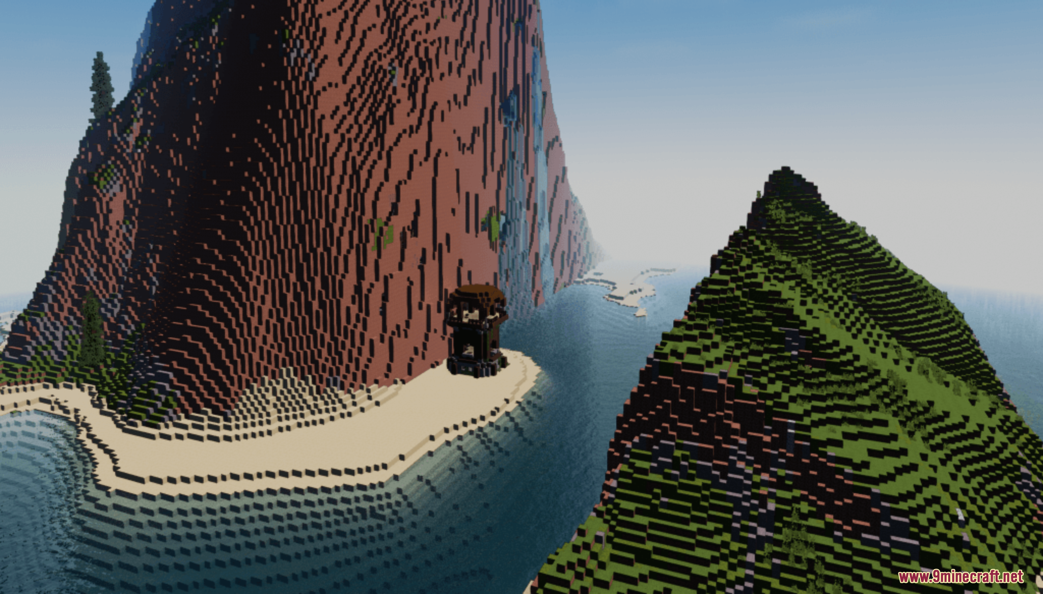 Los Penascos Archipelago Map Screenshot 9 Pillager outpost on a beach between two custom island mountains