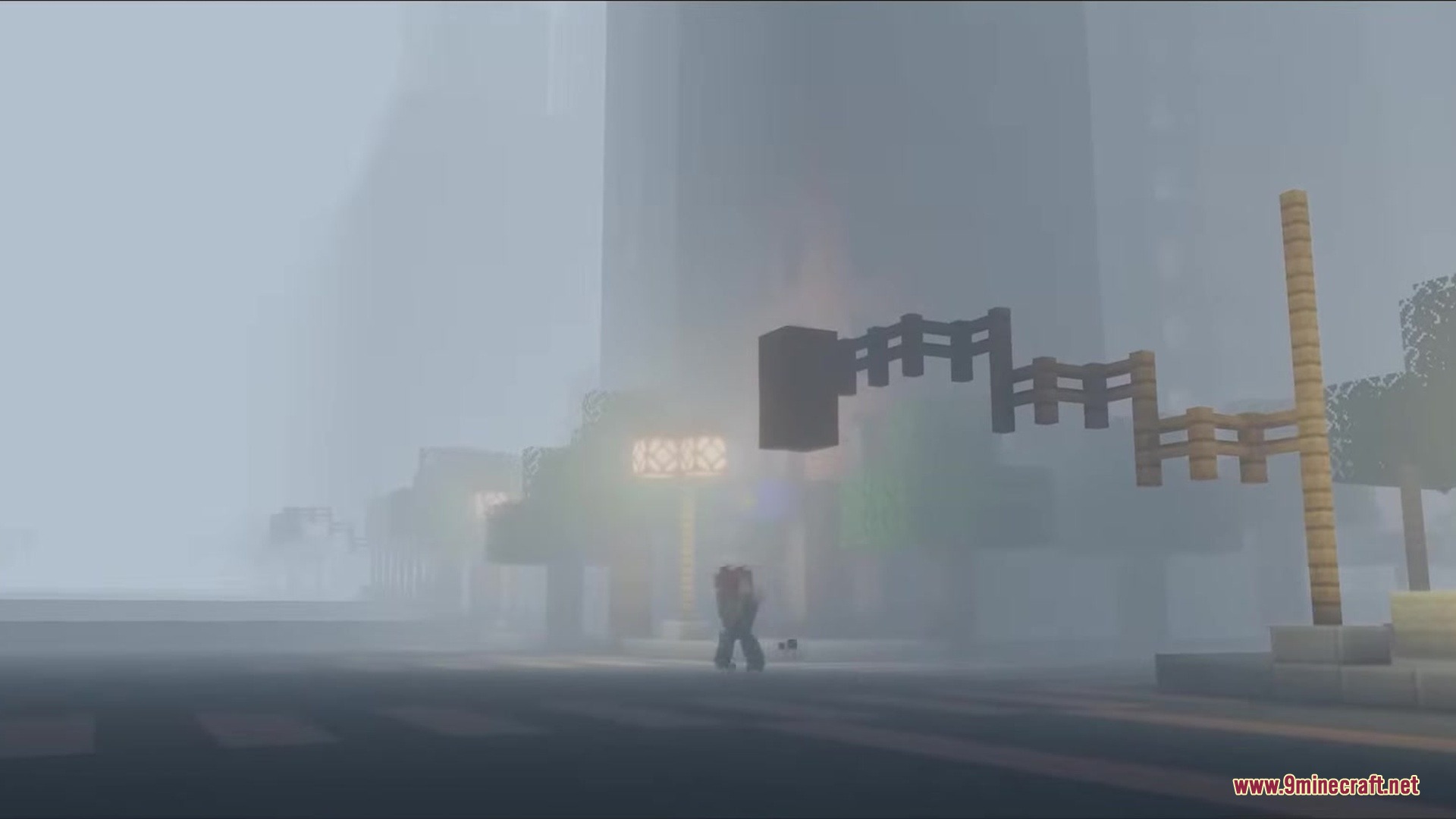 Lovecraft Beyond the Abyss Mod Screenshot 12 A player walks through a foggy city with a floating black structure