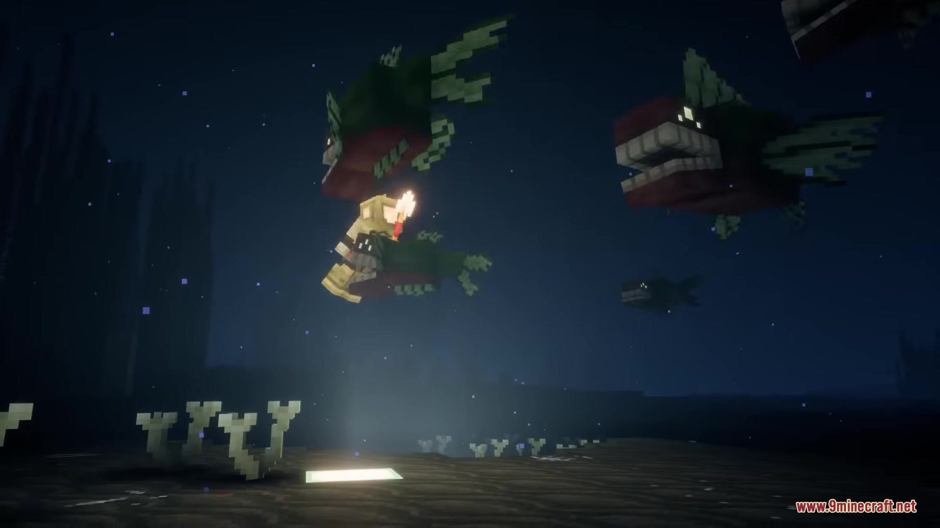 Lovecraft Beyond the Abyss Mod Screenshot 13 A player wearing golden armor encounters a school of Gnashers in the dark