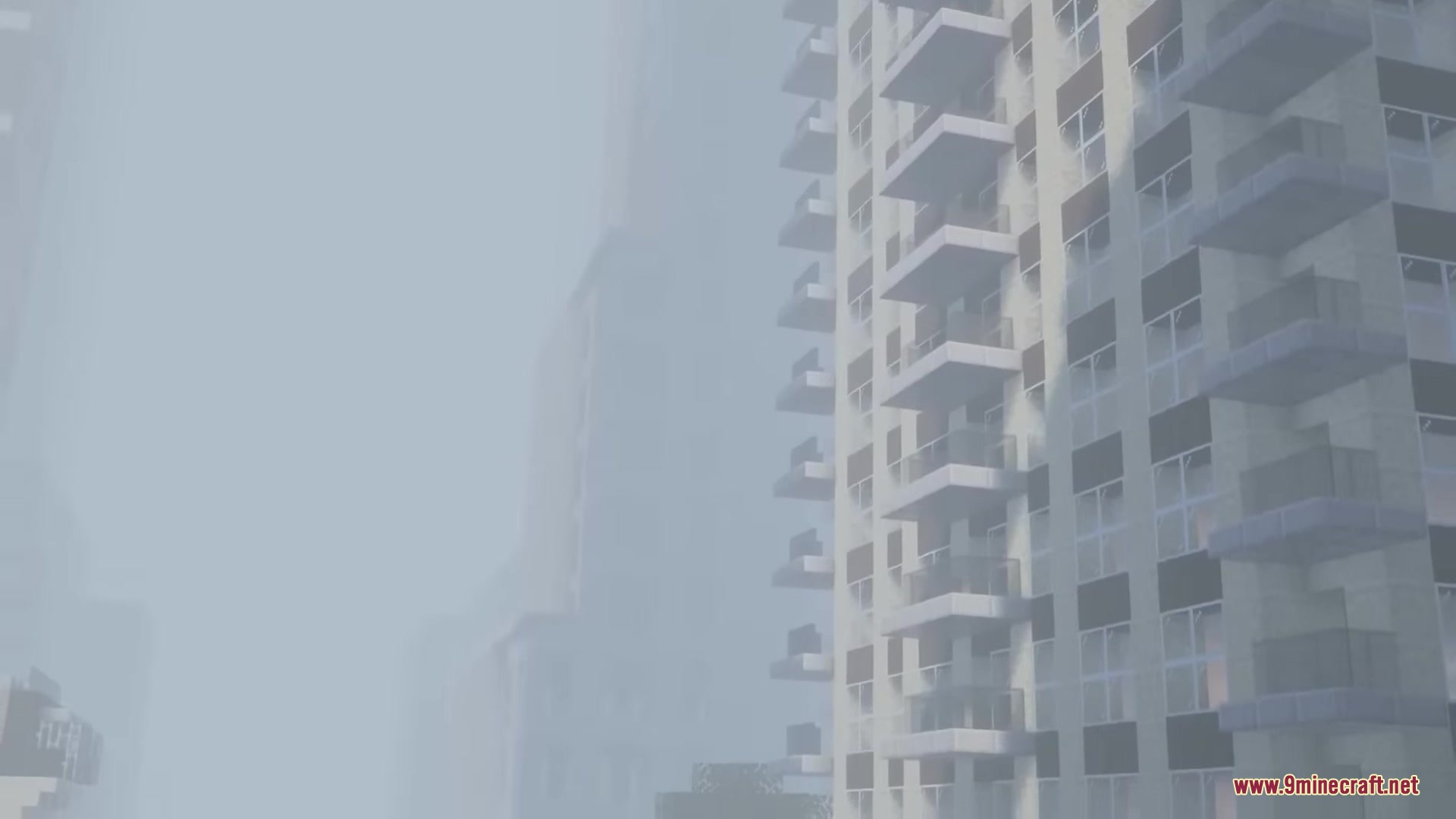 Lovecraft Beyond the Abyss Mod Screenshot 2 Tall modern apartment buildings rising into a thick and mysterious layer of fog