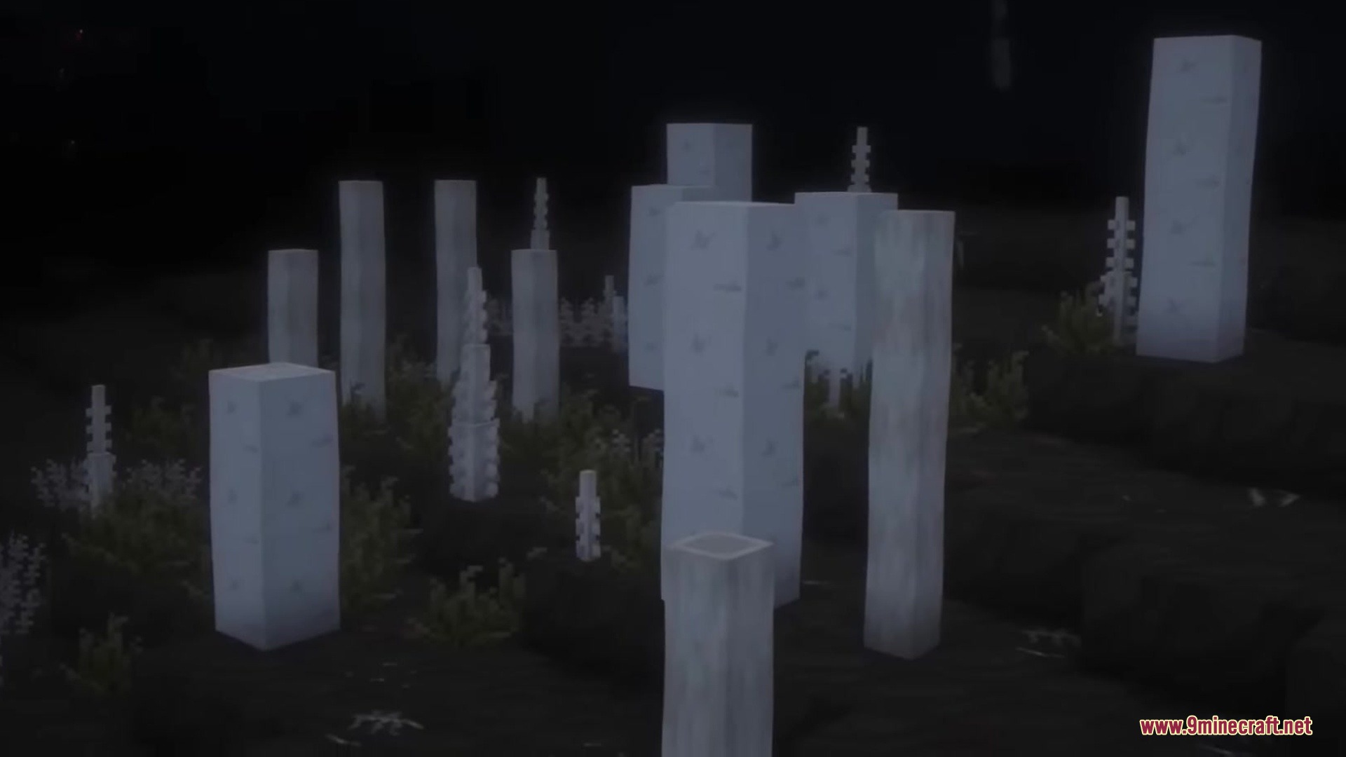 Lovecraft Beyond the Abyss Mod Screenshot 7 White pillars and skeletal structures in a dark underwater Minecraft biome