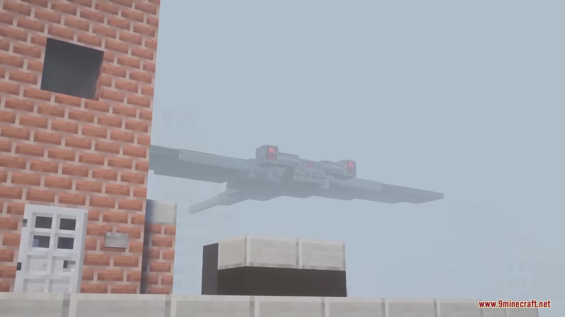 Lovecraft Beyond the Abyss Mod Screenshot 8 A massive flying monster with red eyes hovering near a brick house