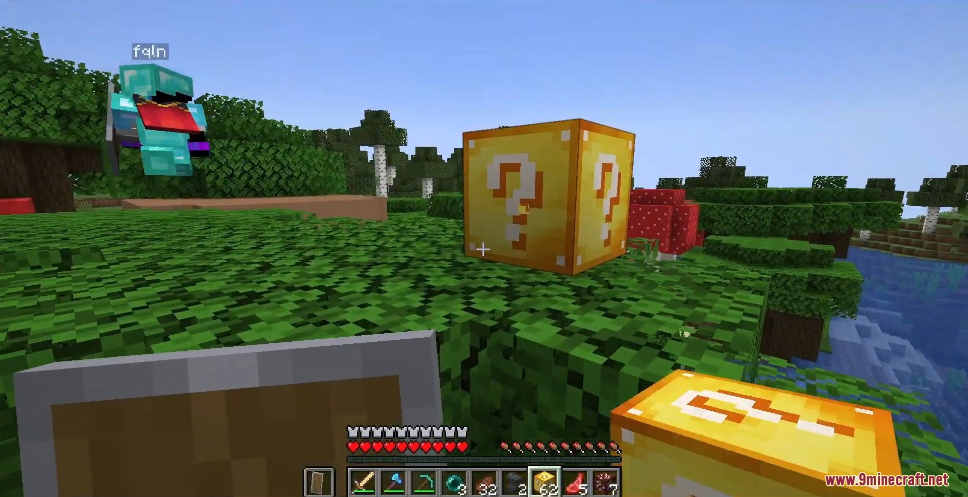 A player in diamond armor stands near a Lucky Block on tree leaves