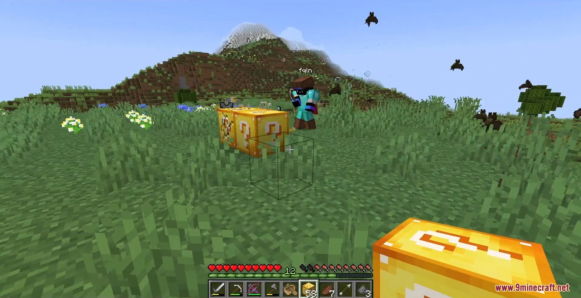 A player in diamond armor stands near a Lucky Block as bats fly