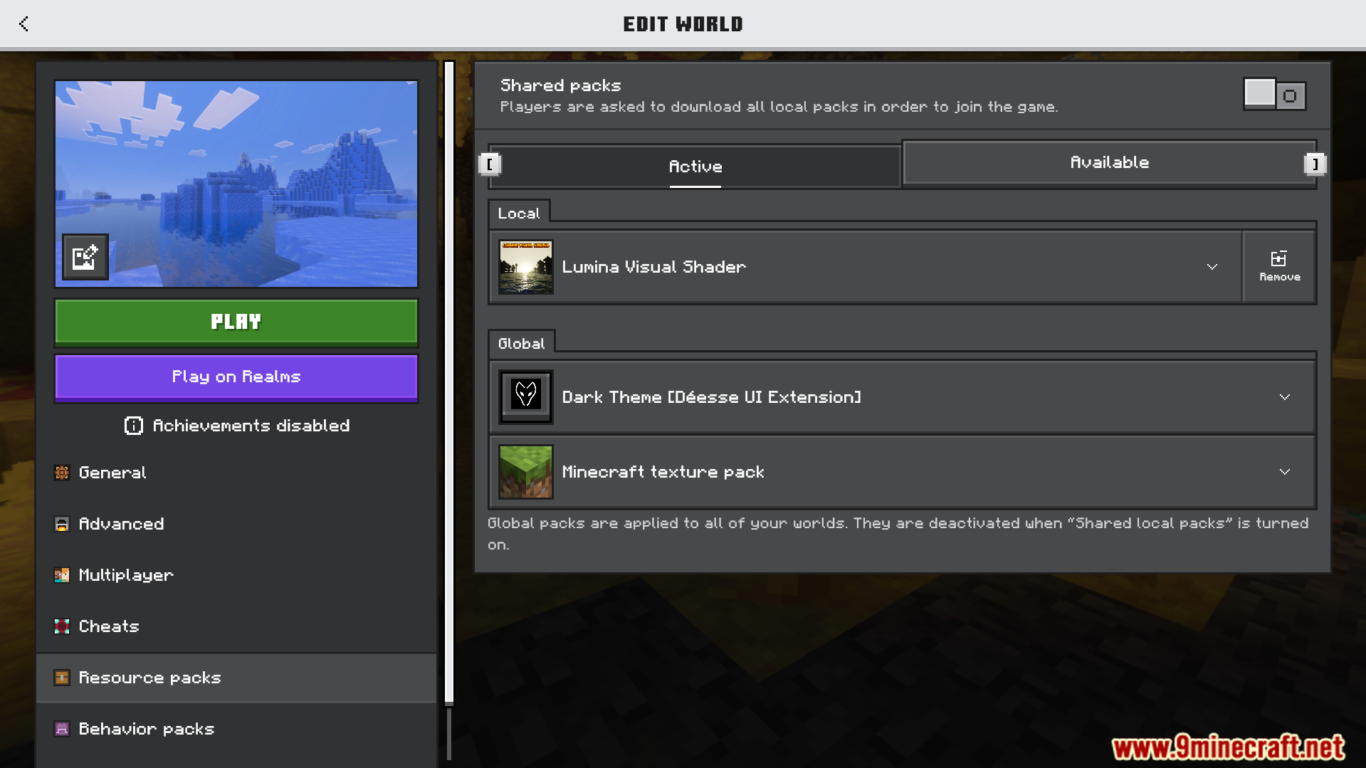 Lumina Visual Shader Screenshot 1 Minecraft edit world menu showing the active Lumina Visual Shader resource pack