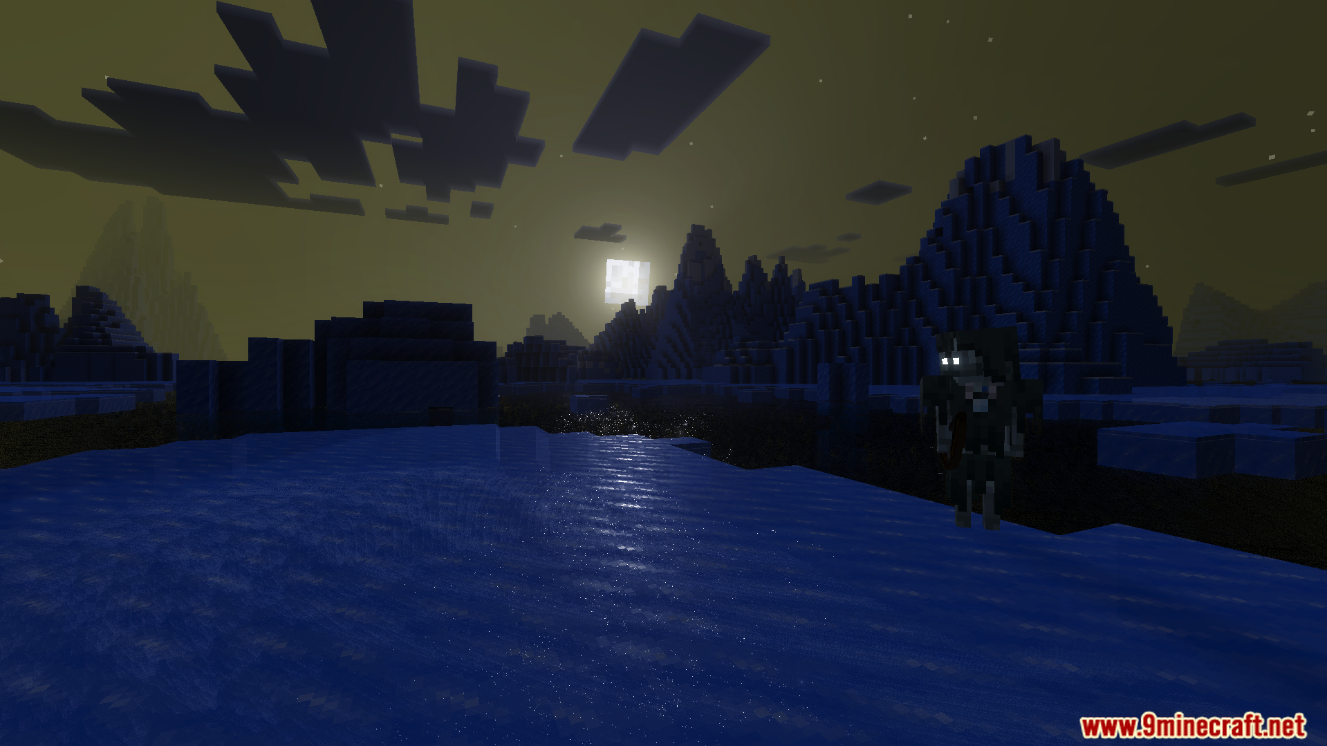 Lumina Visual Shader Screenshot 6 A mob with glowing eyes stands near clear blue water under the moon