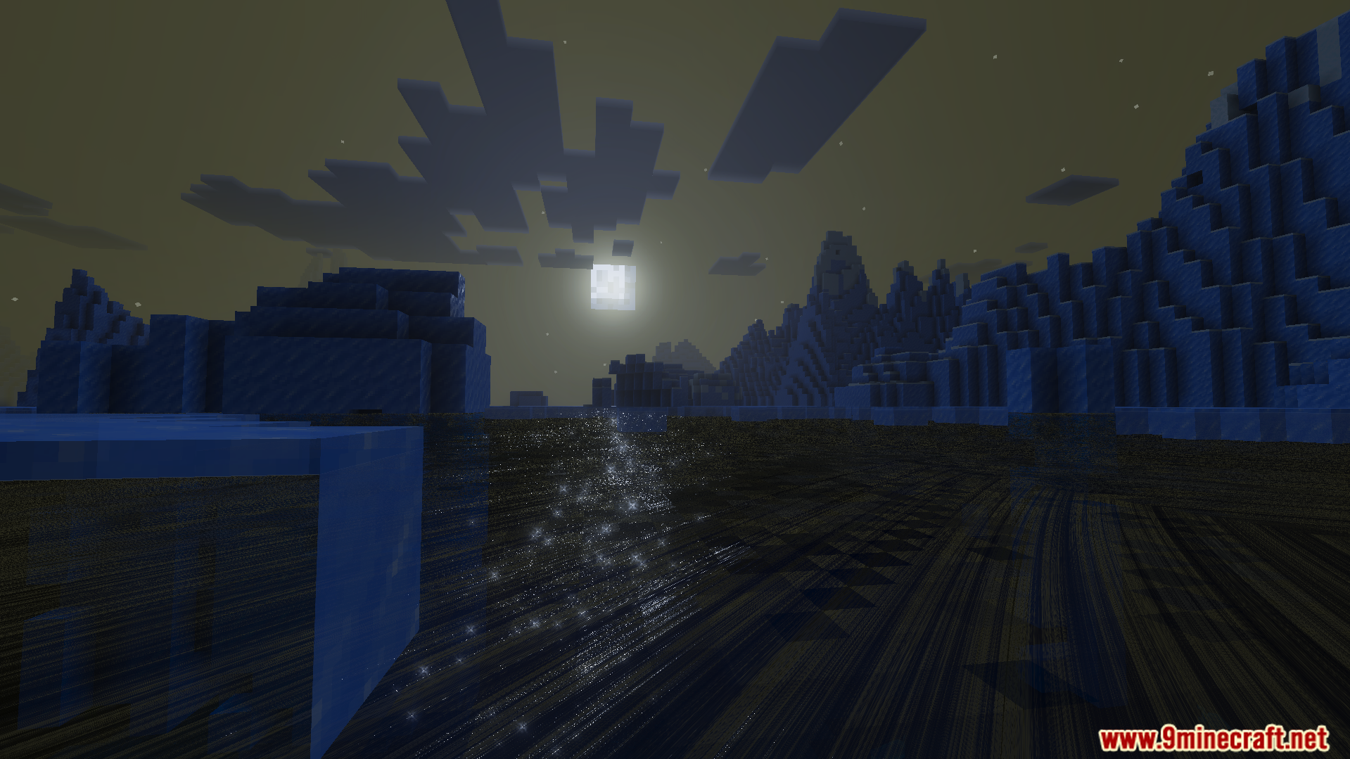 Lumina Visual Shader Screenshot 7 Bright moon shining over frozen ice spikes with realistic water reflections at night