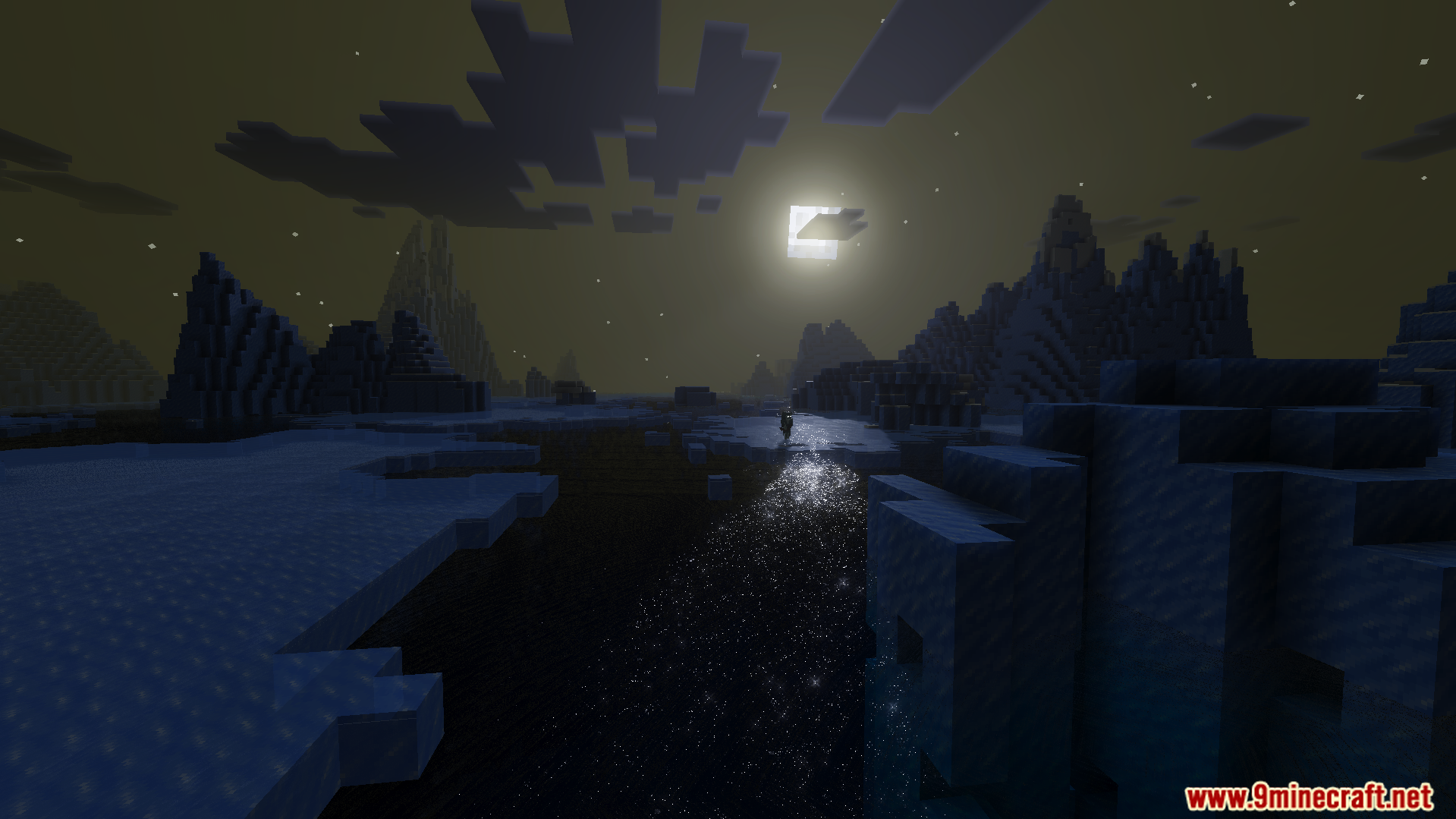Lumina Visual Shader Screenshot 8 Player exploring a frozen landscape with realistic lighting and sparkling water at night