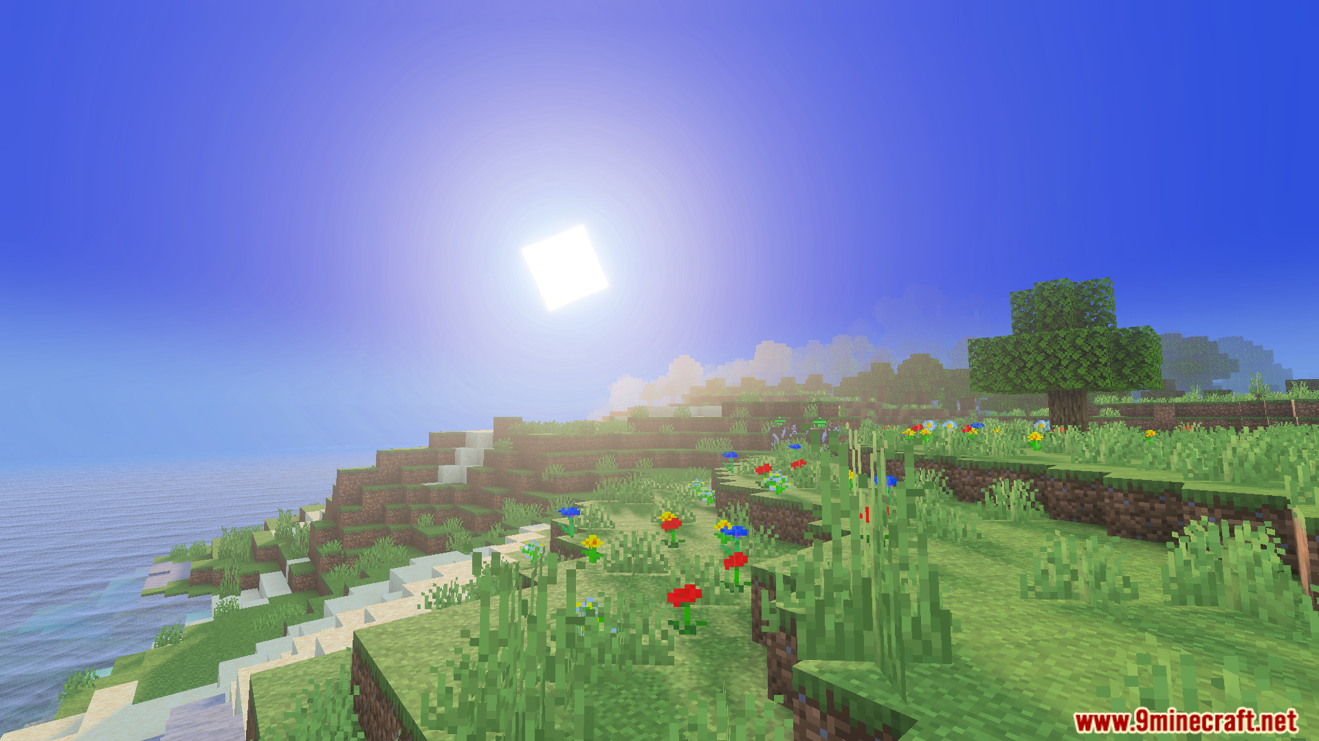 Luvid Visual Refined Texture Pack adds warm golden lighting to a flowery hill
