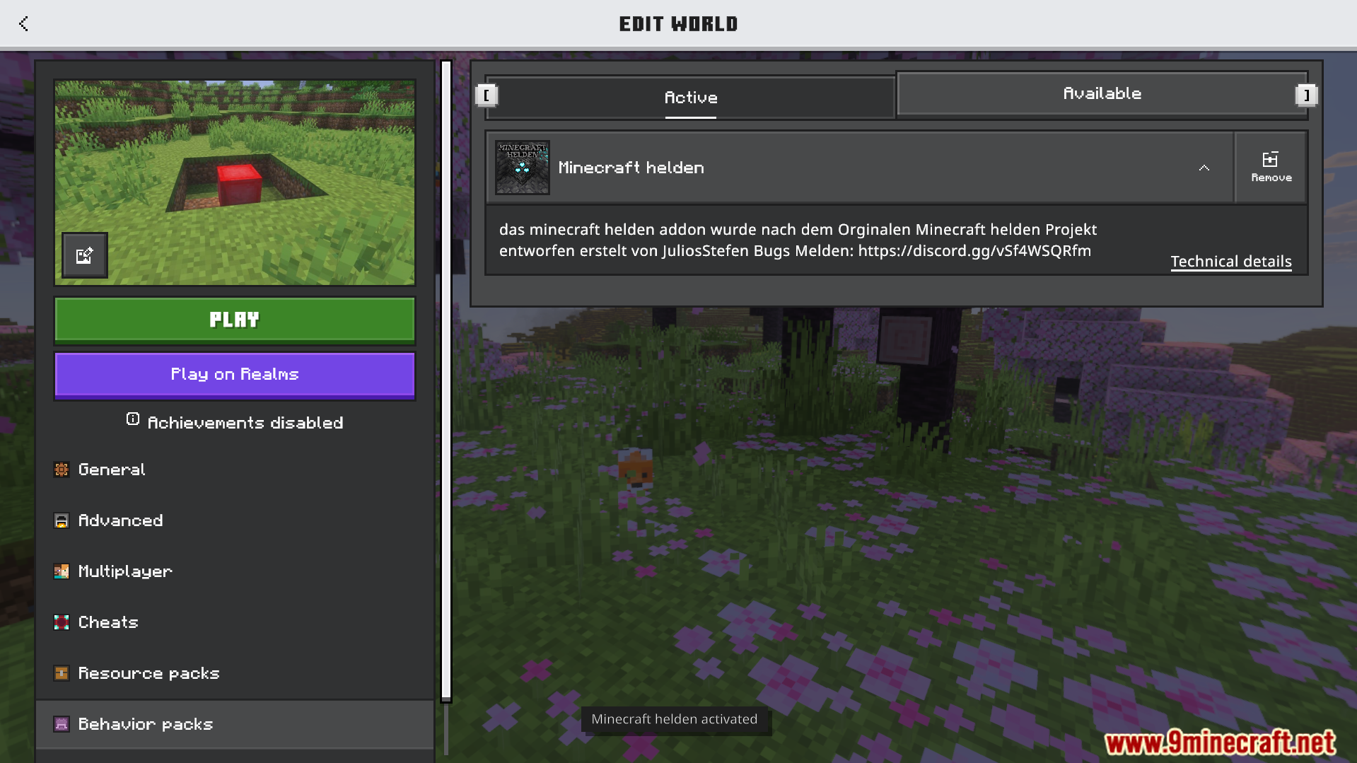 M Helden Addon Screenshot 1 Minecraft edit world screen with the behavior packs tab selected and active